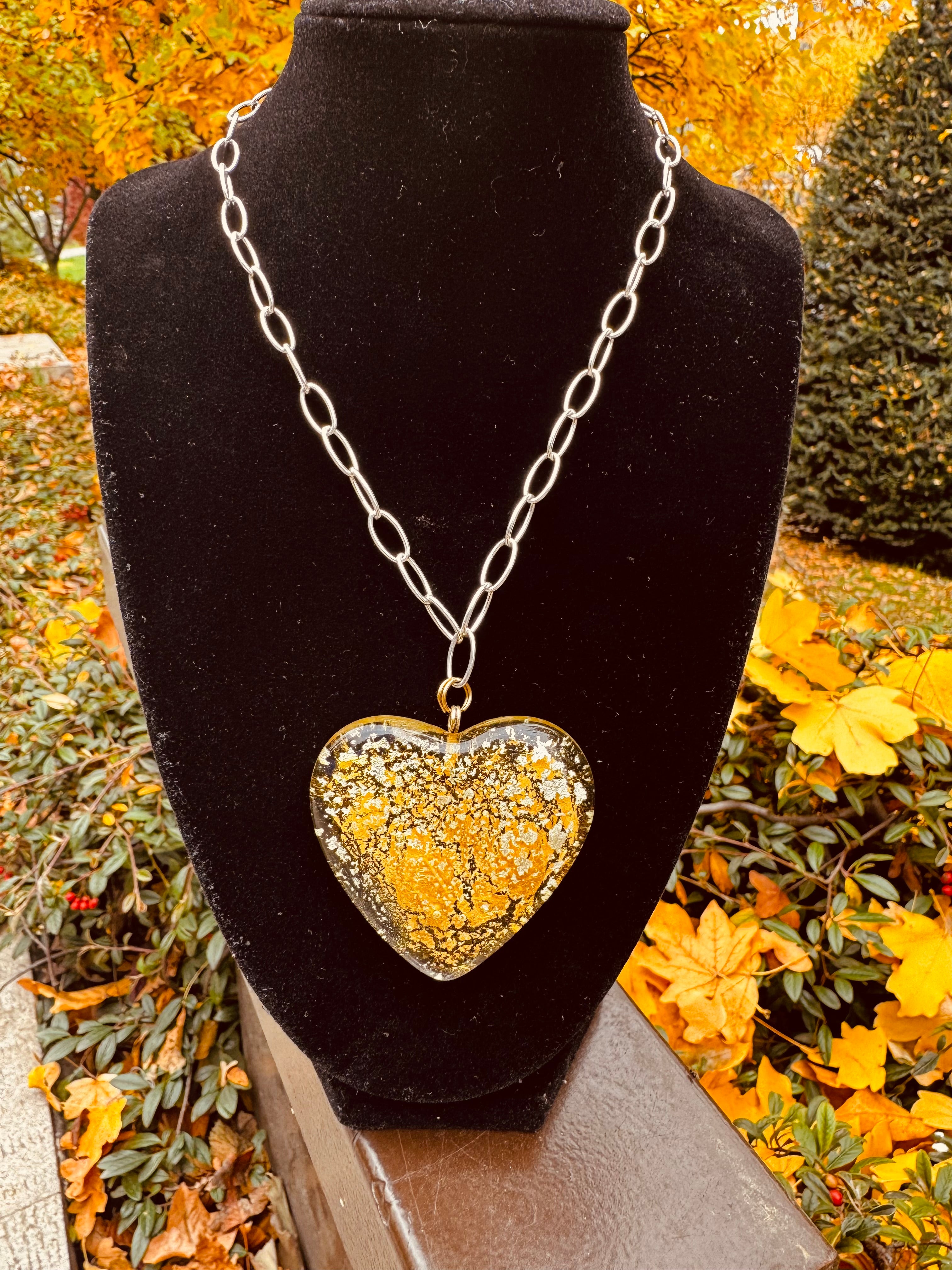 MAD Cloud The Necklace: Chunky Crystal Glass Heart & 24k Yellow & White Gold Leaf