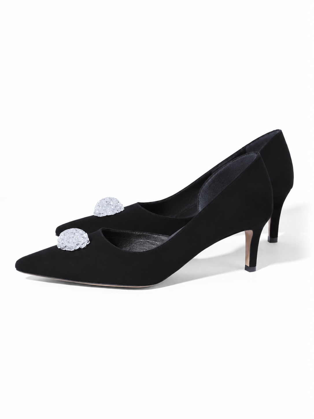 MAD Black Stiletto Pumps, Suede Leather & Handmade Accessories