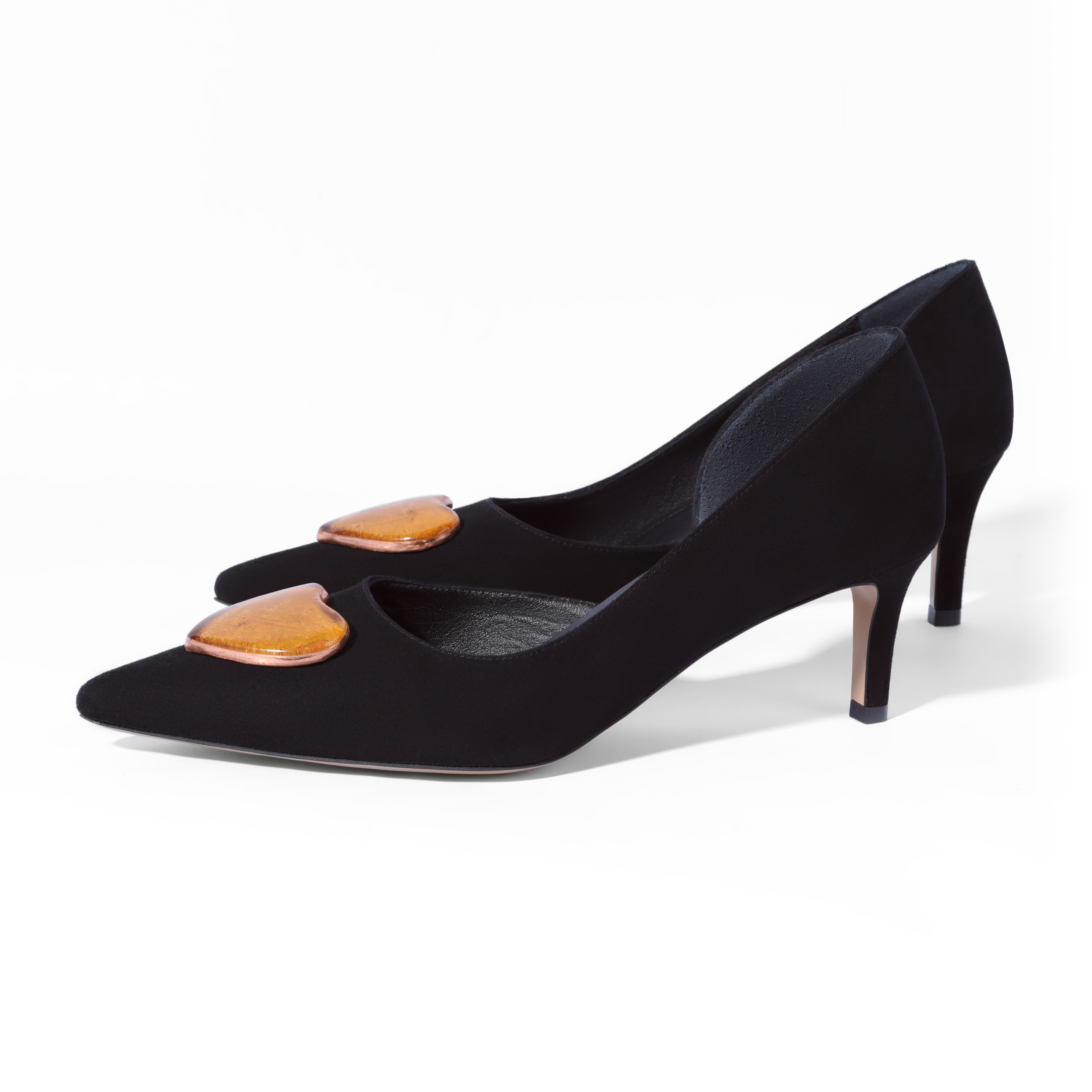 Suede leather evening stilettos in black suede with gold accessory 5 cm heel