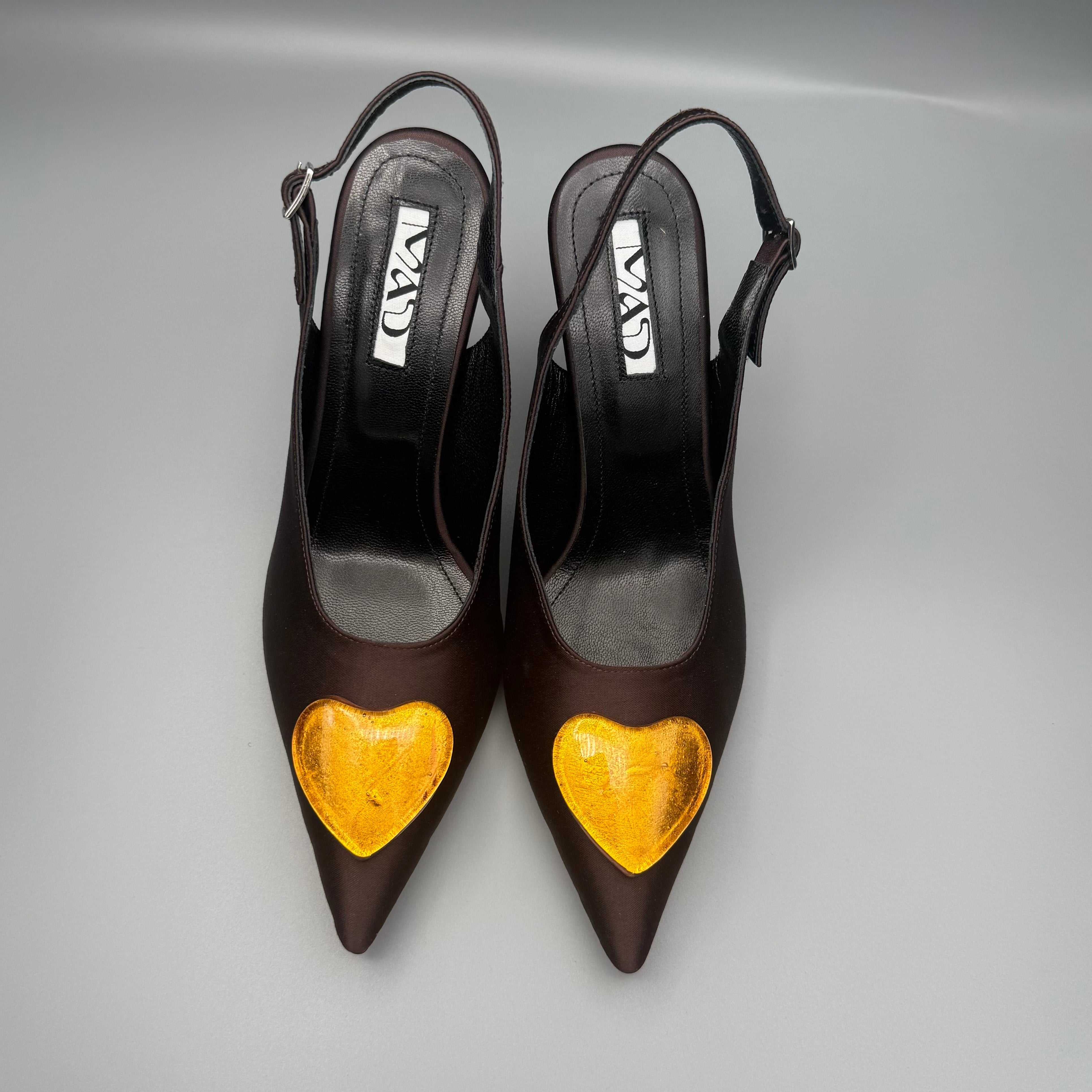 YOKO Slingback Dark Chocolate Satin Gold Glass Hearts1
