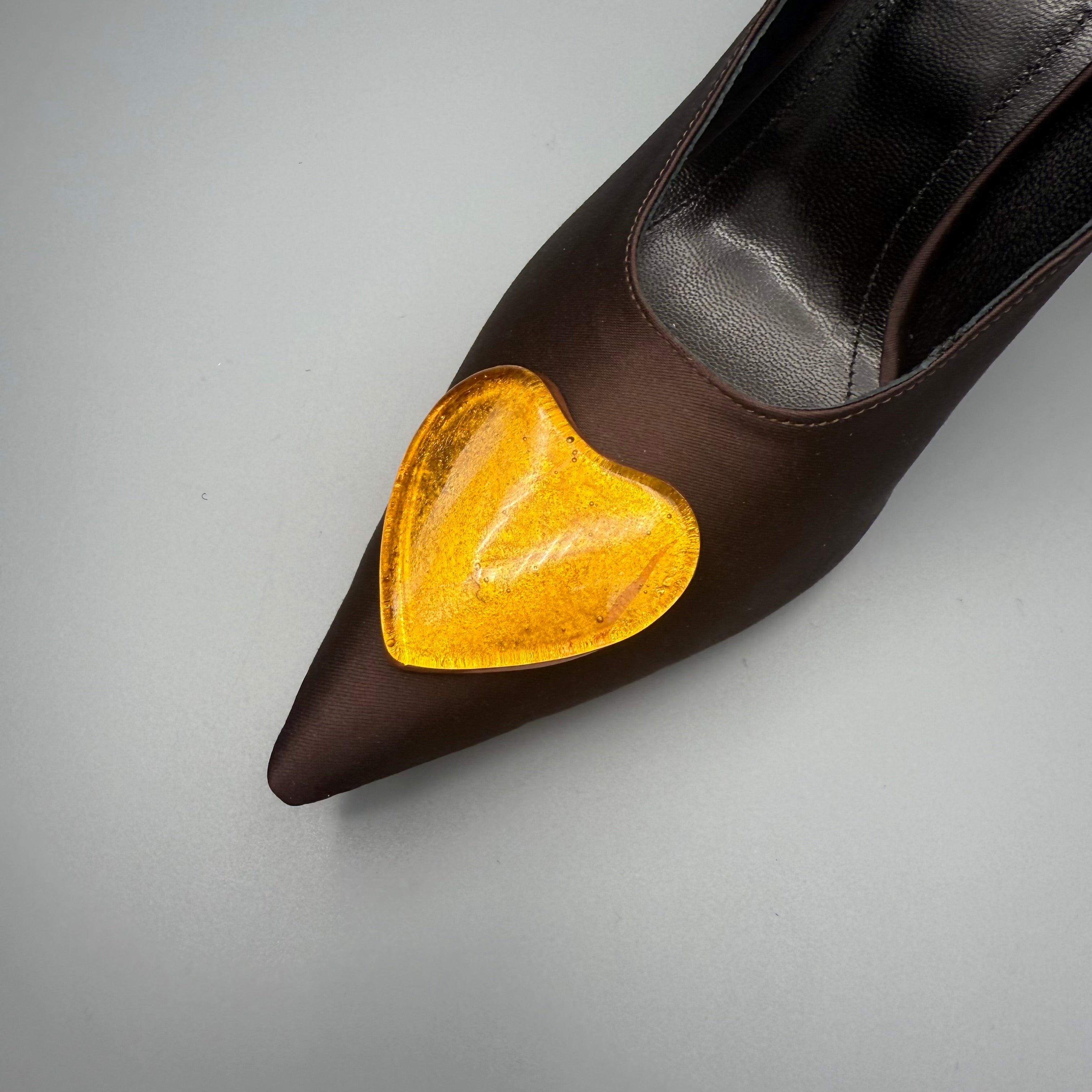 YOKO Slingback Dark Chocolate Satin Gold Glass Hearts2