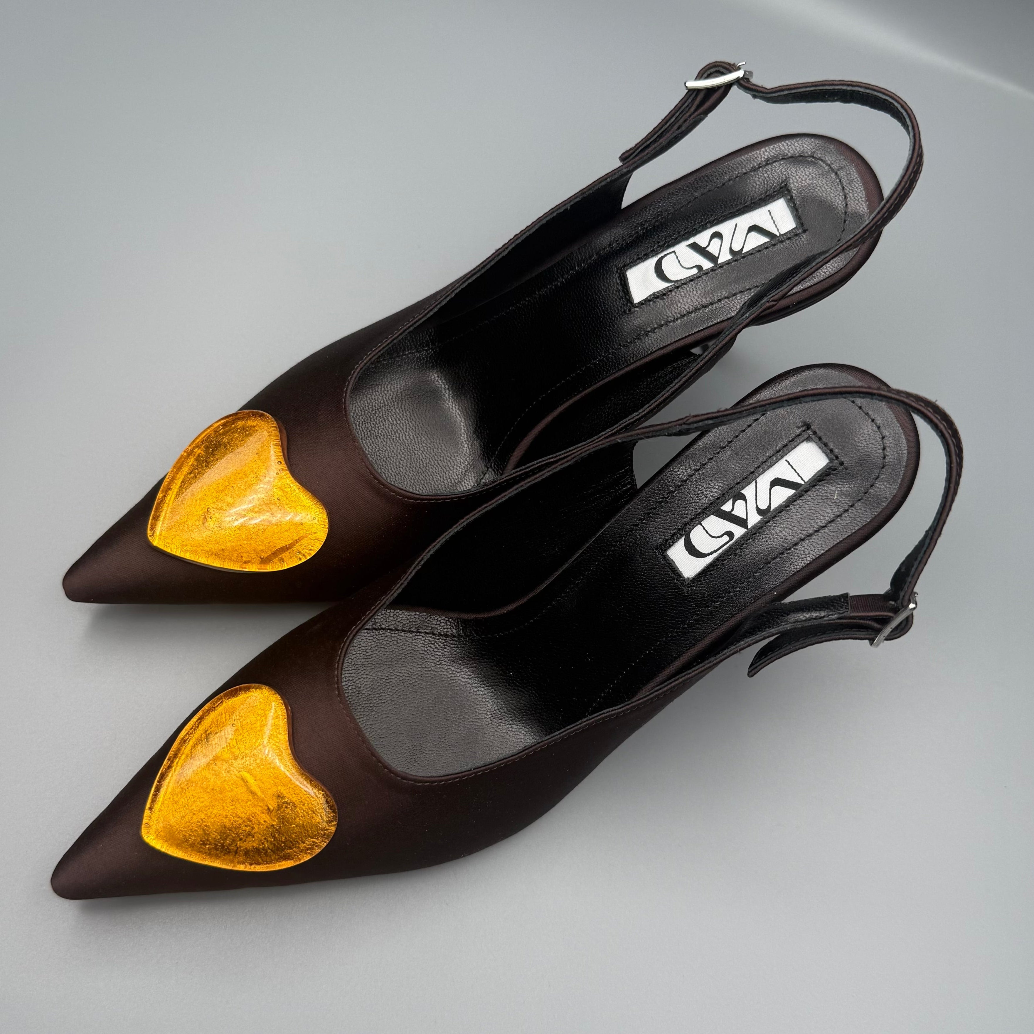 YOKO Slingback Dark Chocolate Satin Gold Glass Hearts3