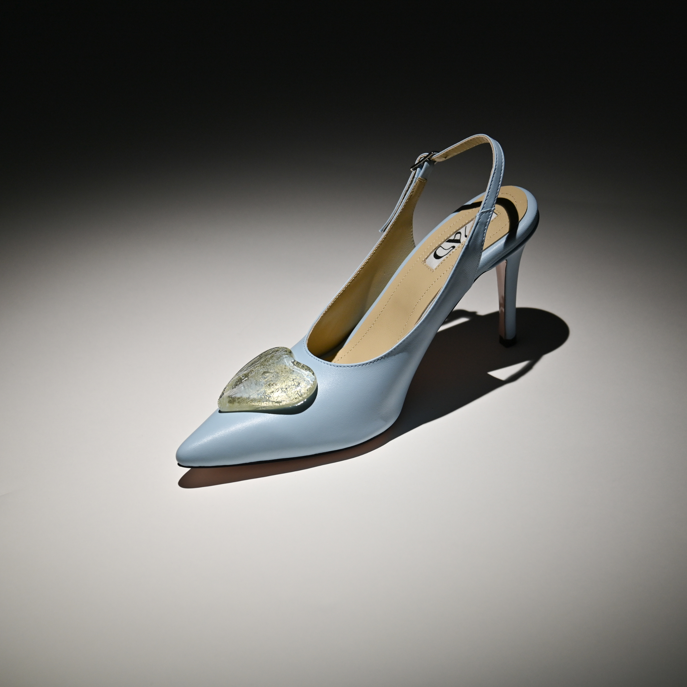 artistic leather slingback baby blue 7cm white gold glass heart