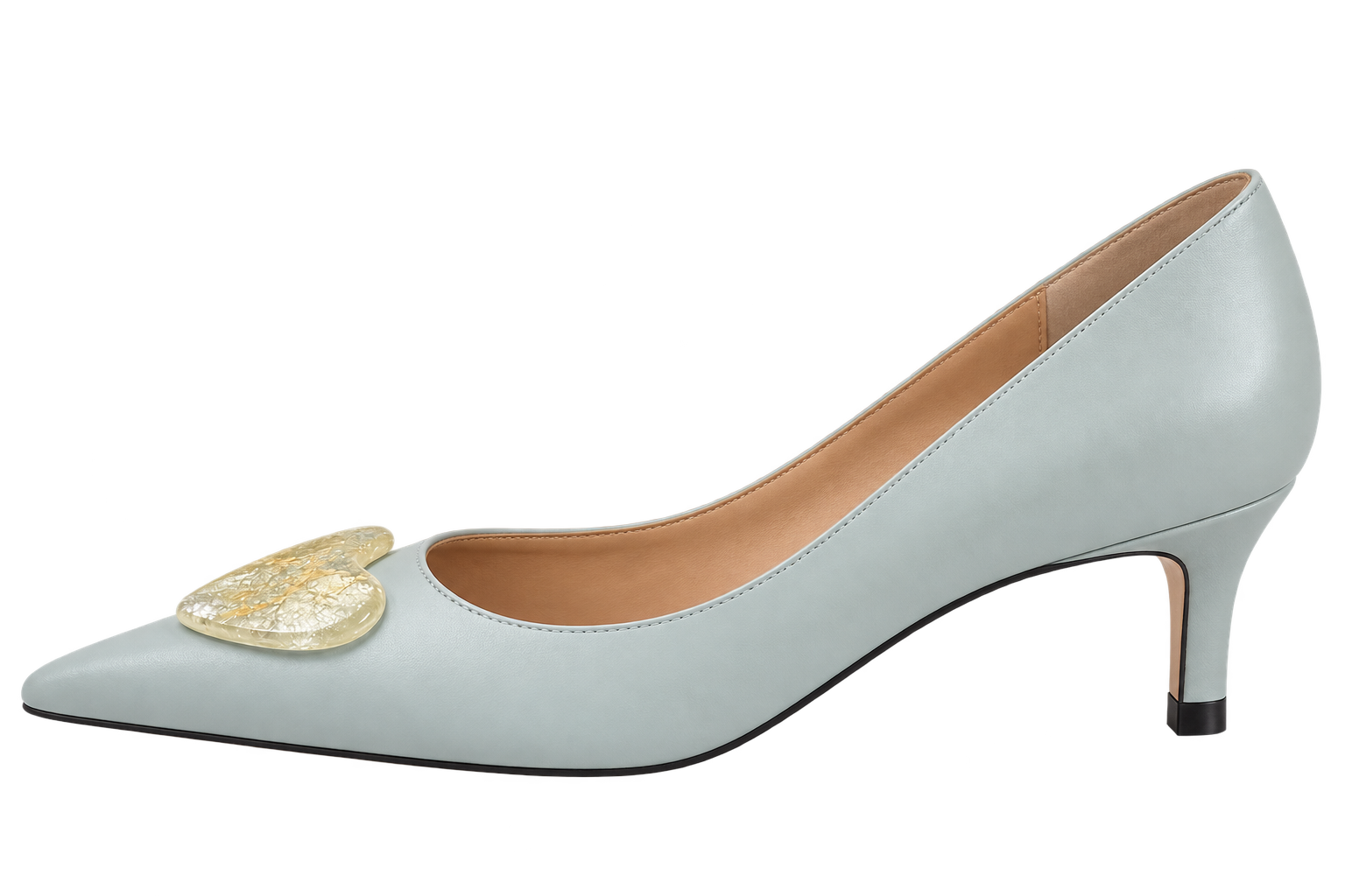 A light blue pointed-toe kitten heel pump with a gold glitter heart embellishment on the toe box, shown against a plain white background.