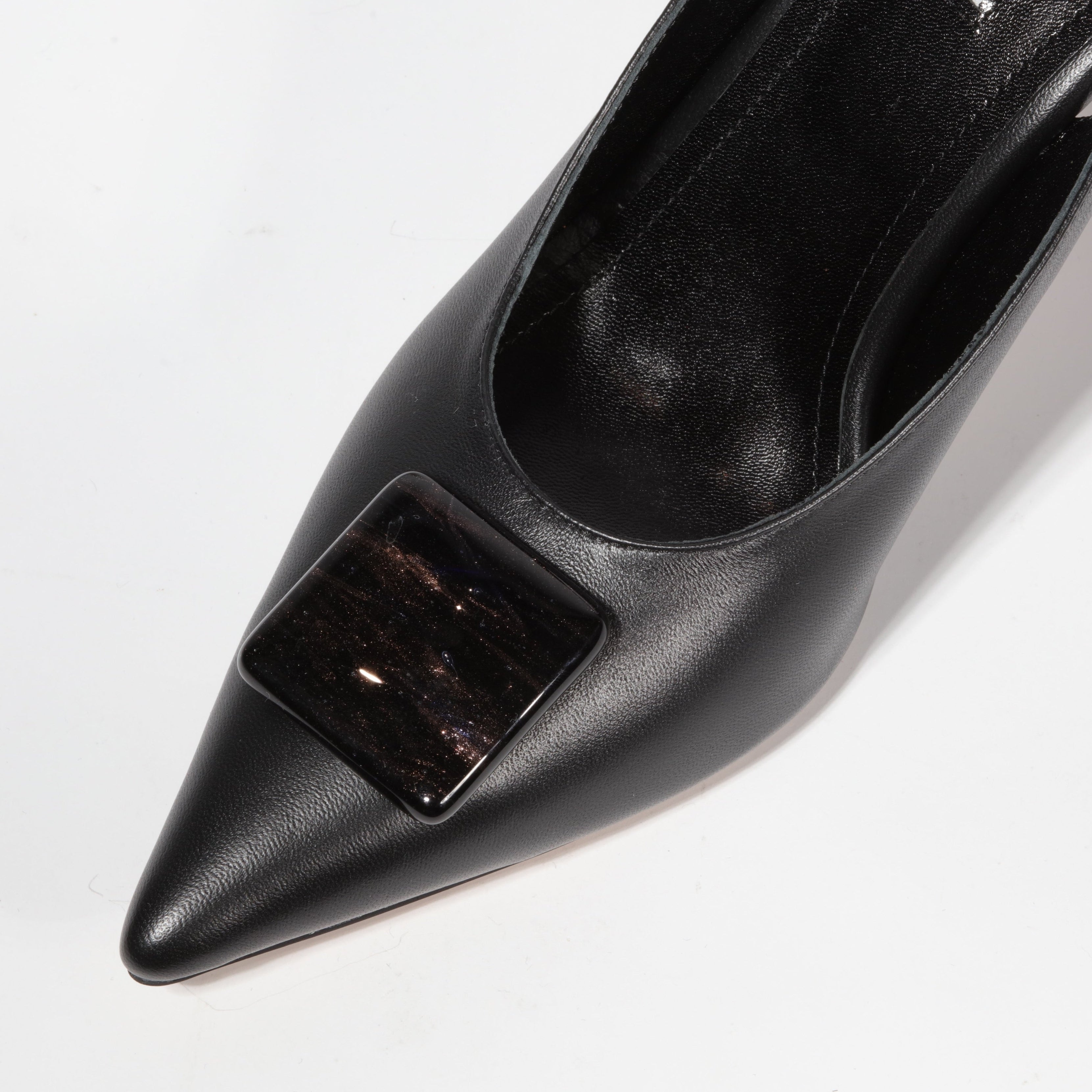 black leather slingback stiletto with glass accessory