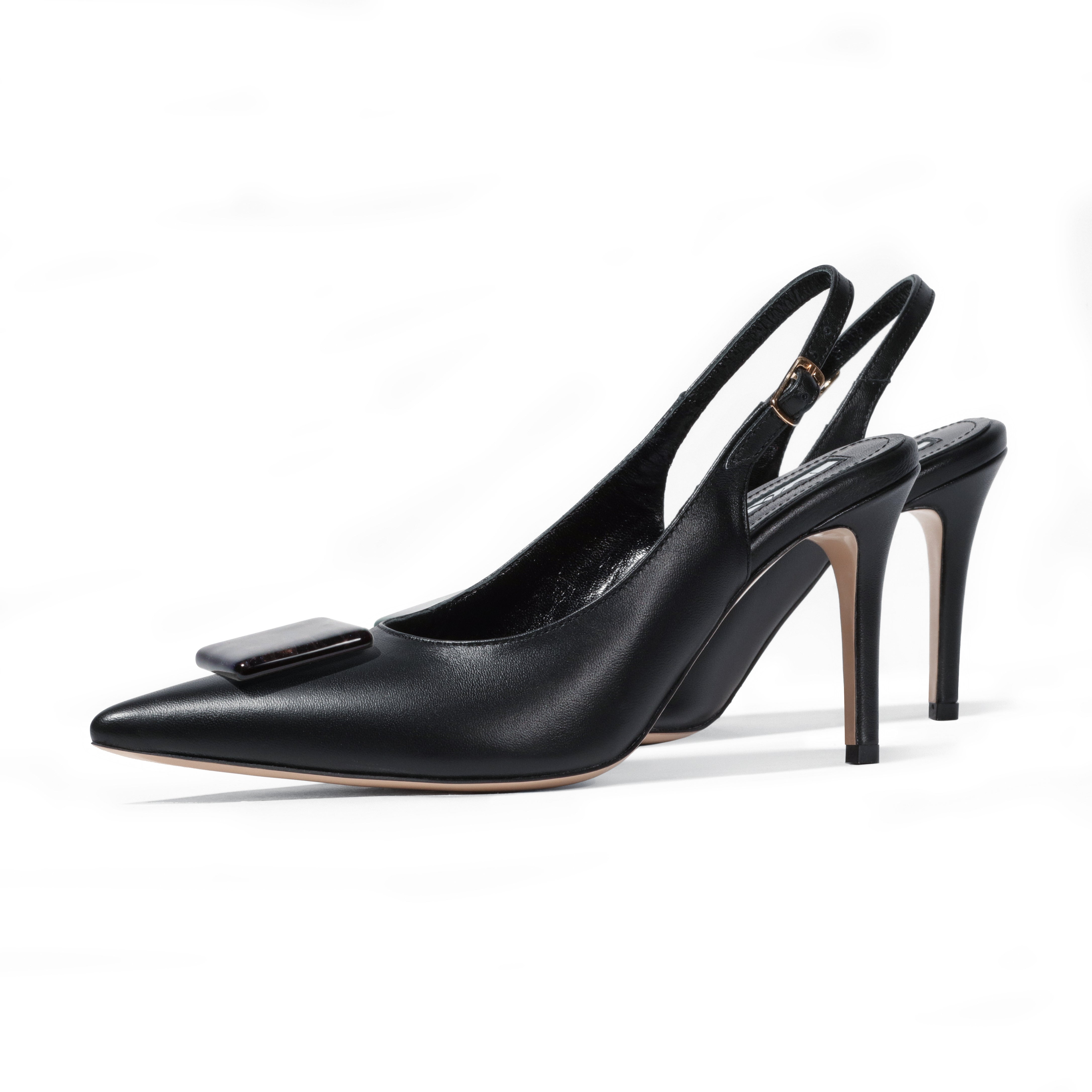 black leather slingback stilettos with glass accessory
