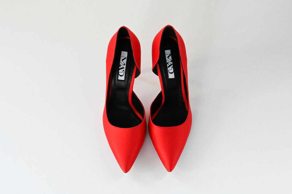 coral red satin stilettos 10 cm