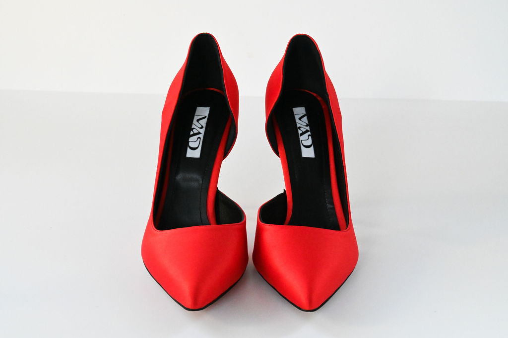 coral red satin stilettos 10 cm close up 3