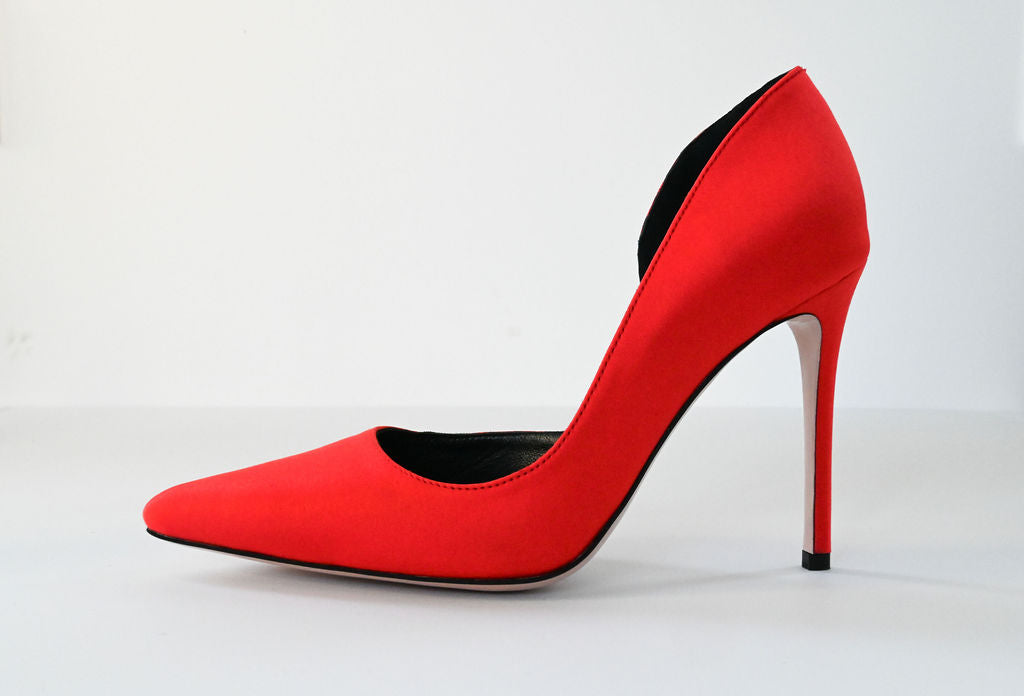 coral red satin stilettos 10 cm close up profile
