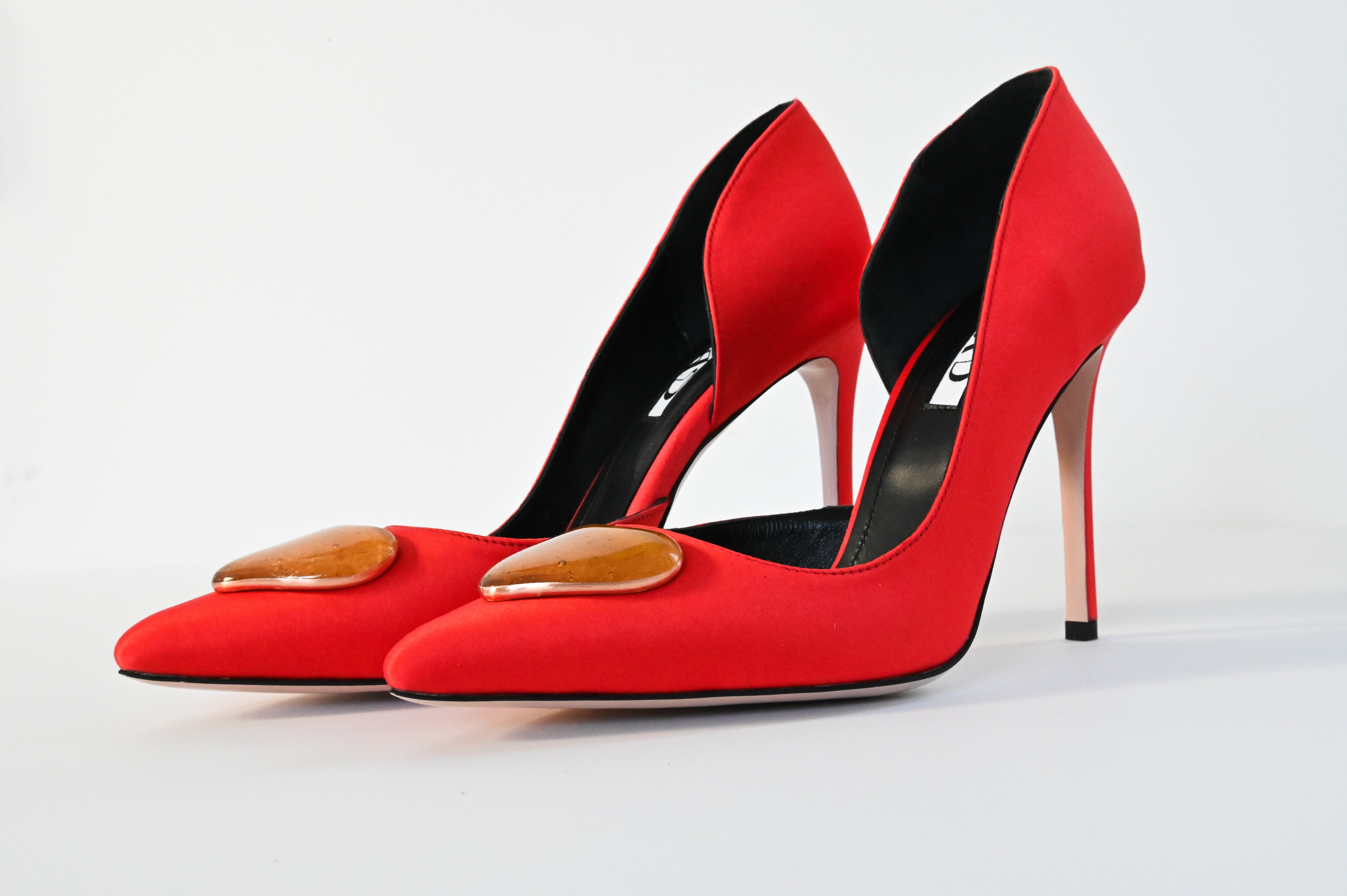 coral red satin stilettos 10 cm with gold glass hearts