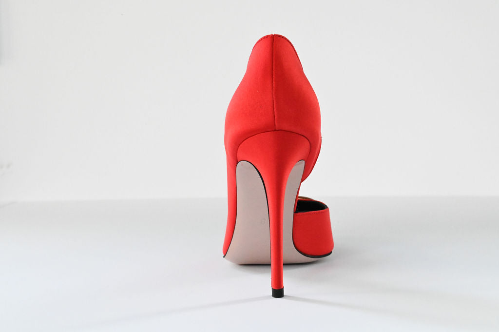 coral red satin stilettos 10 cm with gold glass hearts profile single back