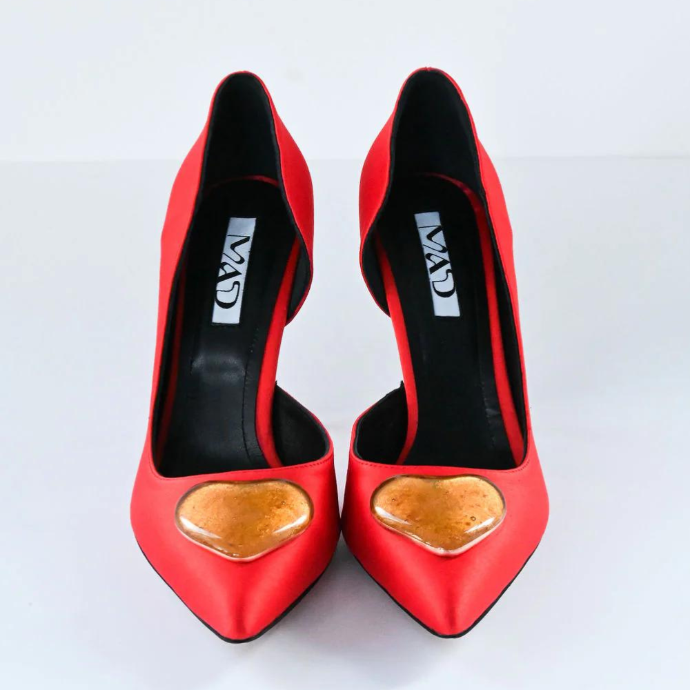 coral red satin stilettos 10 cm with gold glass hearts front 1