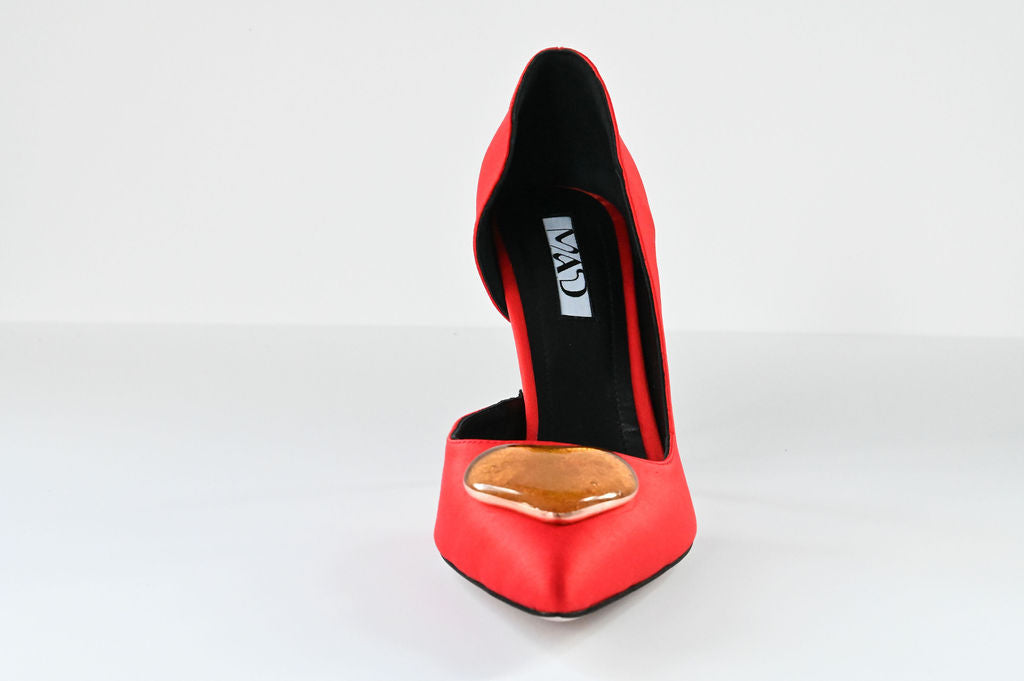 coral red satin stilettos 10 cm with gold glass hearts front single