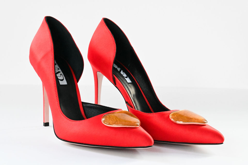 coral red satin stilettos 10 cm with gold glass hearts profile