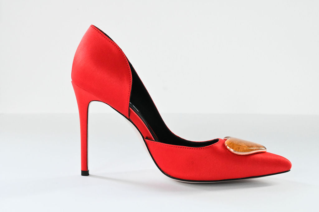 coral red satin stilettos 10 cm with gold glass hearts profile single