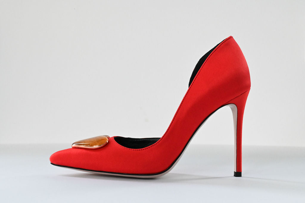 coral red satin stilettos 10 cm with gold glass hearts profile single 1