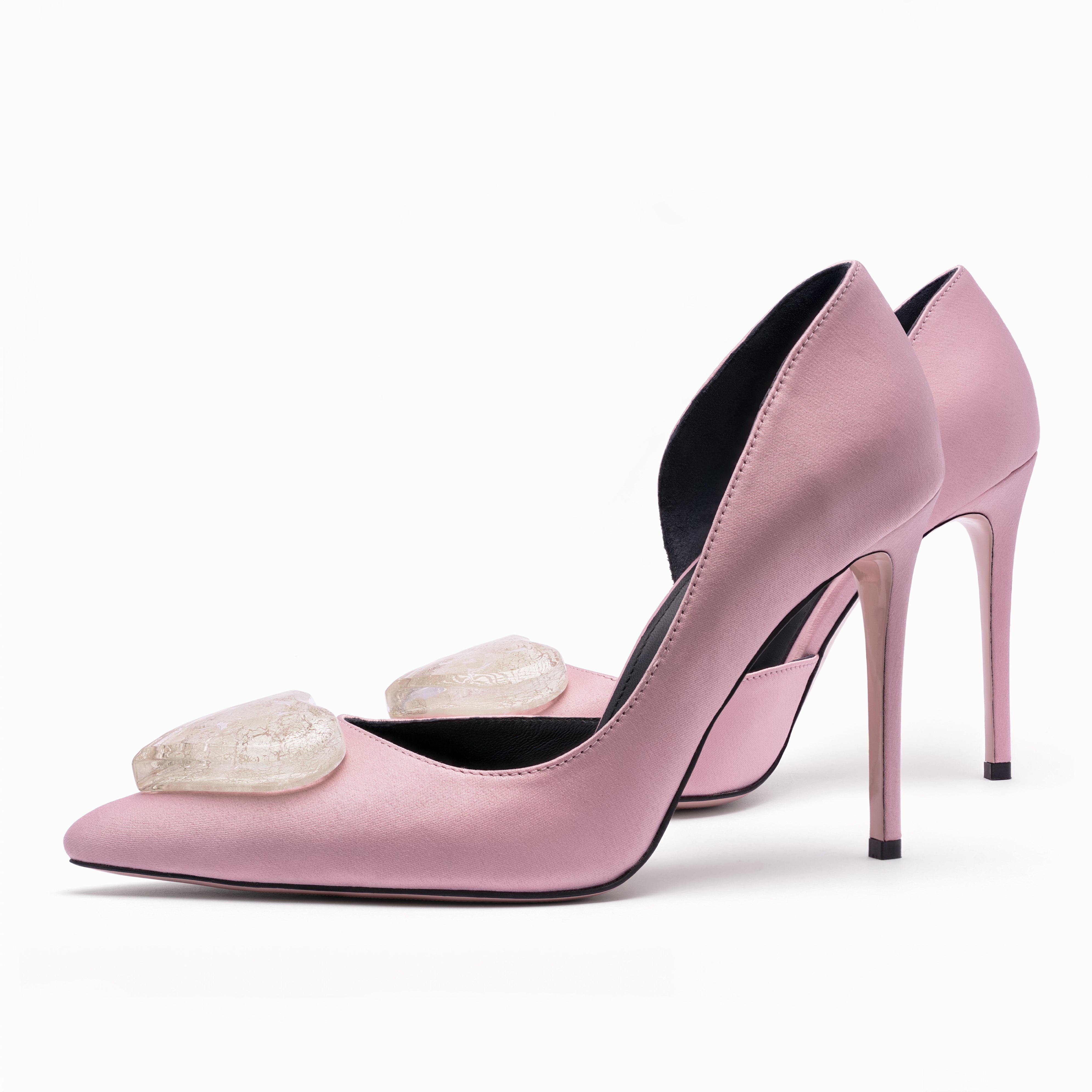 dusty pink satin stilettos 10 cm with white gold glass hearts