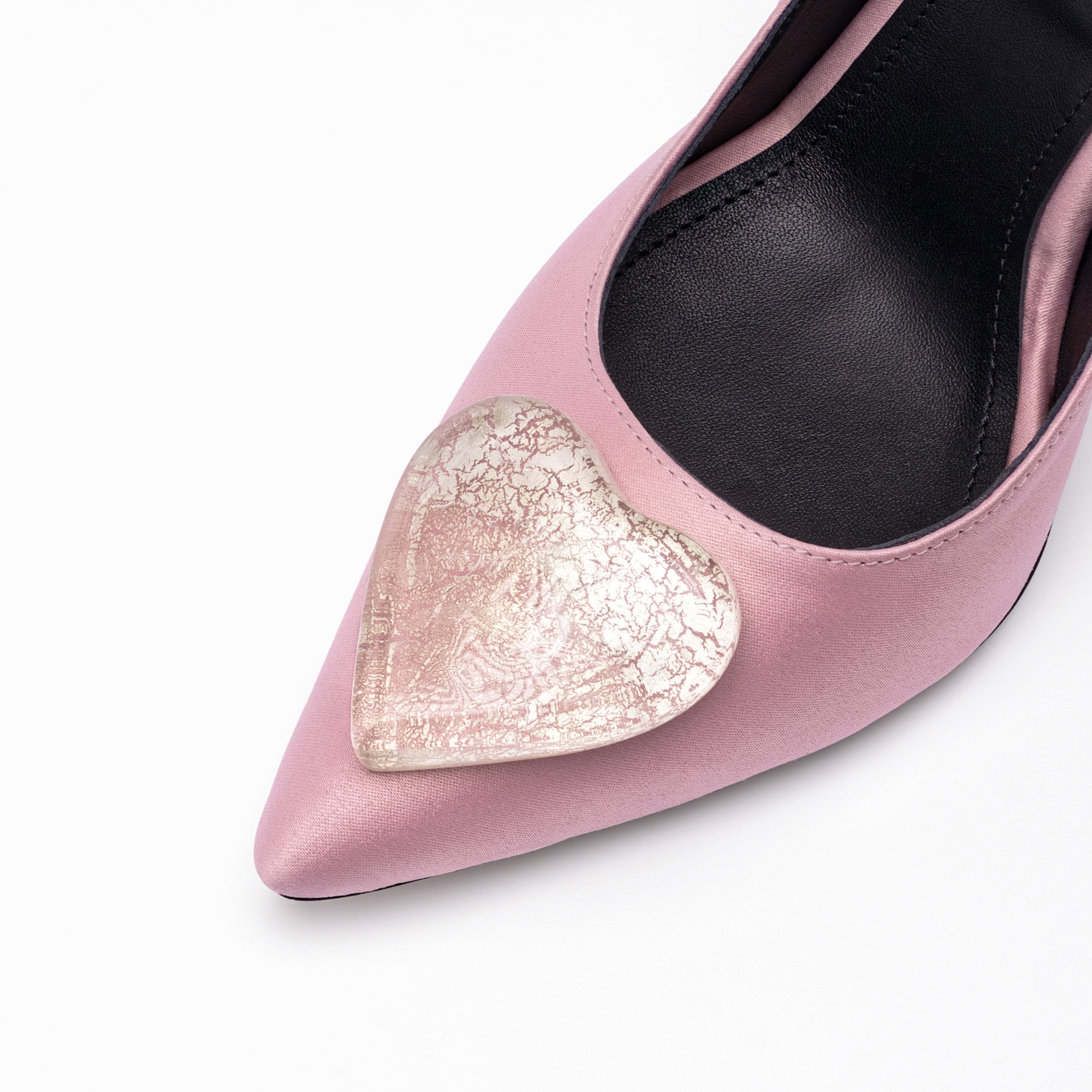 dusty pink satin stilettos 10 cm with white gold glass hearts detail