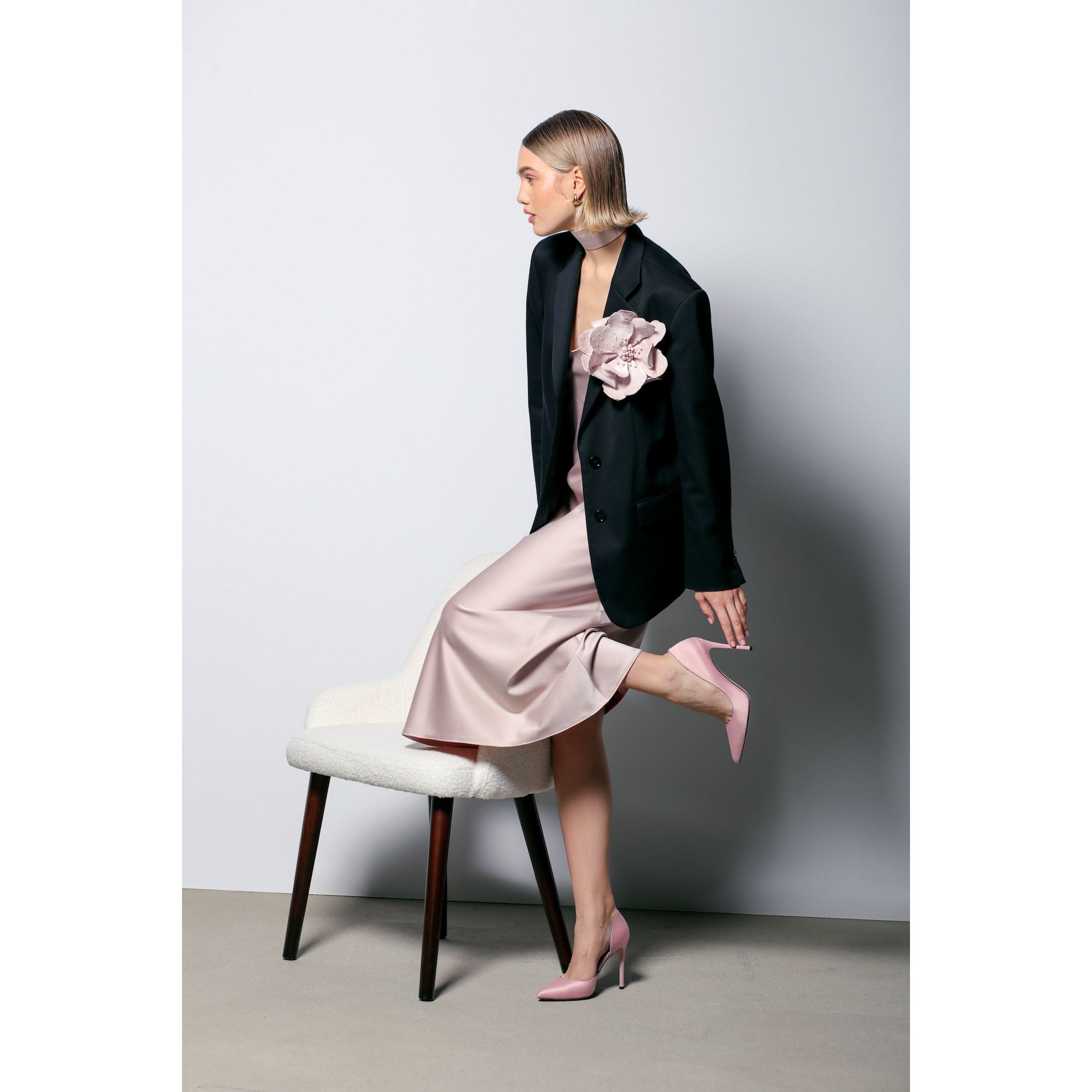dusty pink satin stilettos and pink satin dress