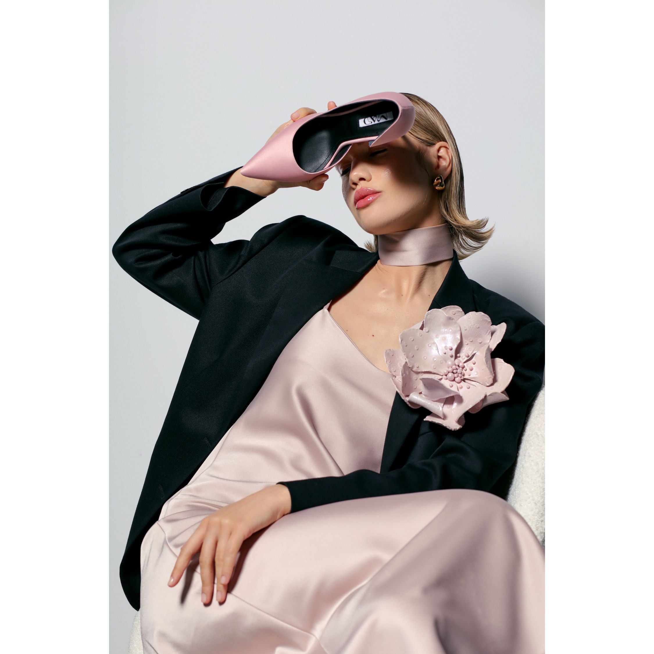 dusty pink satin stilettos and pink satin dress and flower