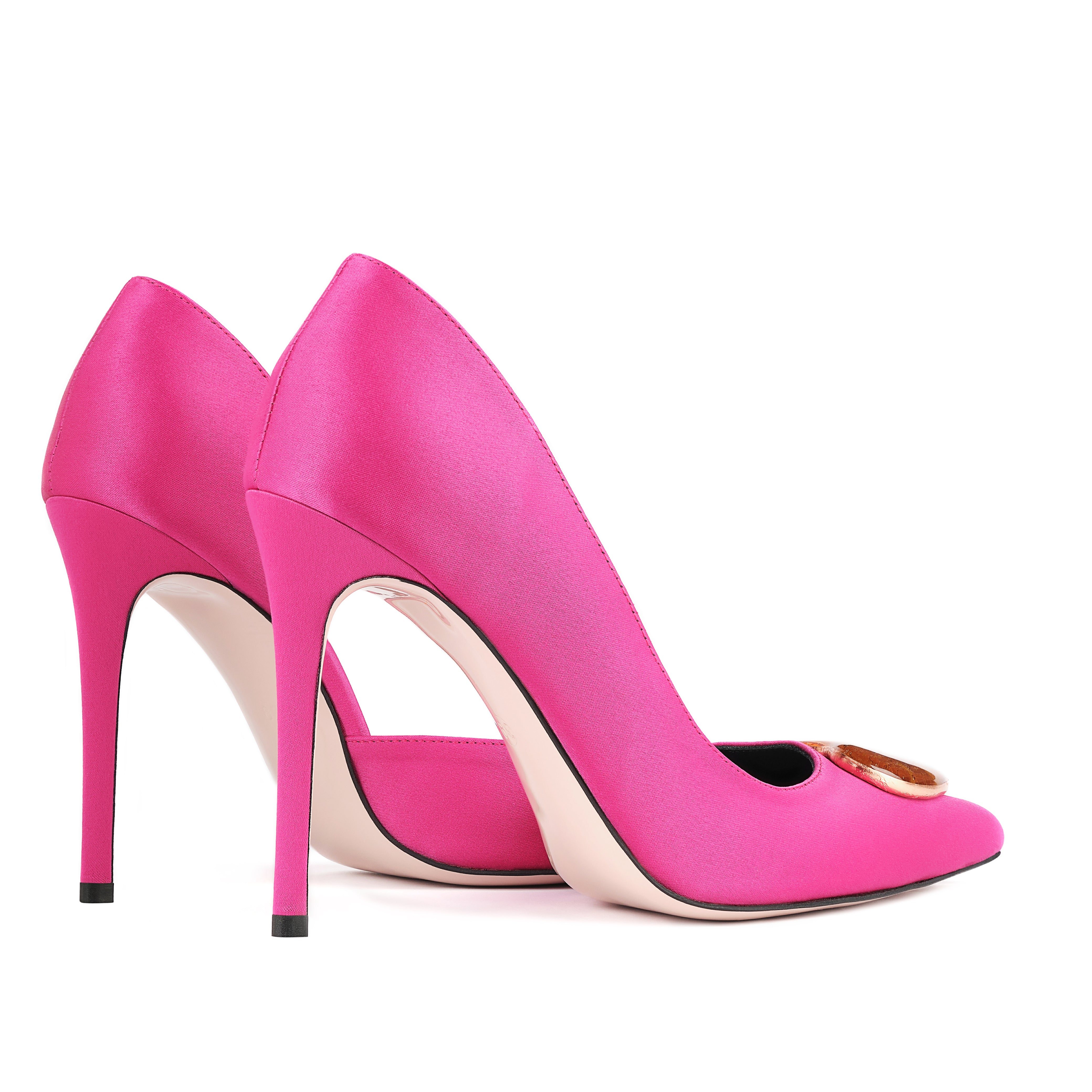 fuchsia satin stilettos 10 cm with gold glass hearts  profile pair