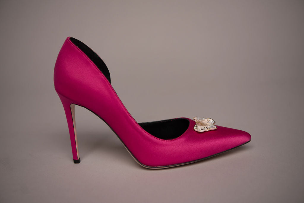 fuchsia satin stilettos 10 cm with porcelain accessory