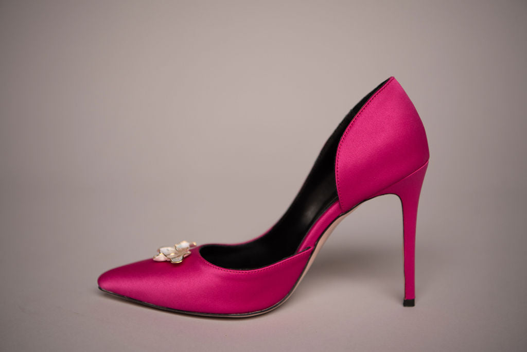 fuchsia satin stilettos 10 cm with porcelain accessory profile