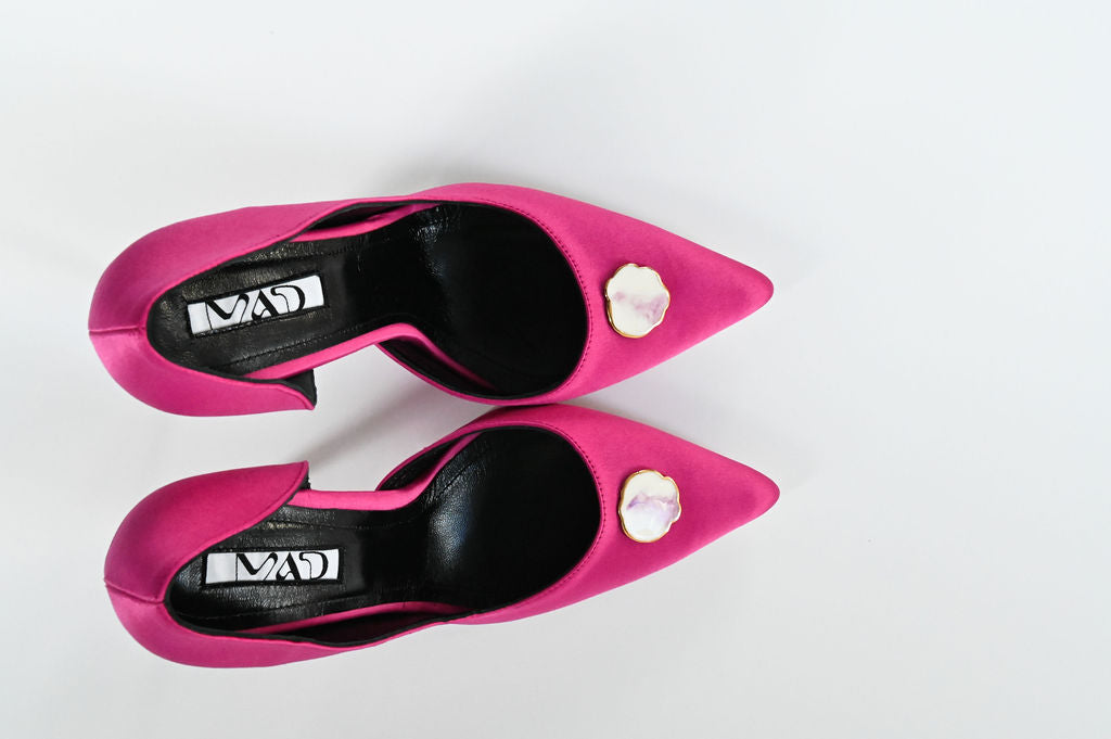 fuchsia satin stilettos 10 cm with round porcelain accessory pair
