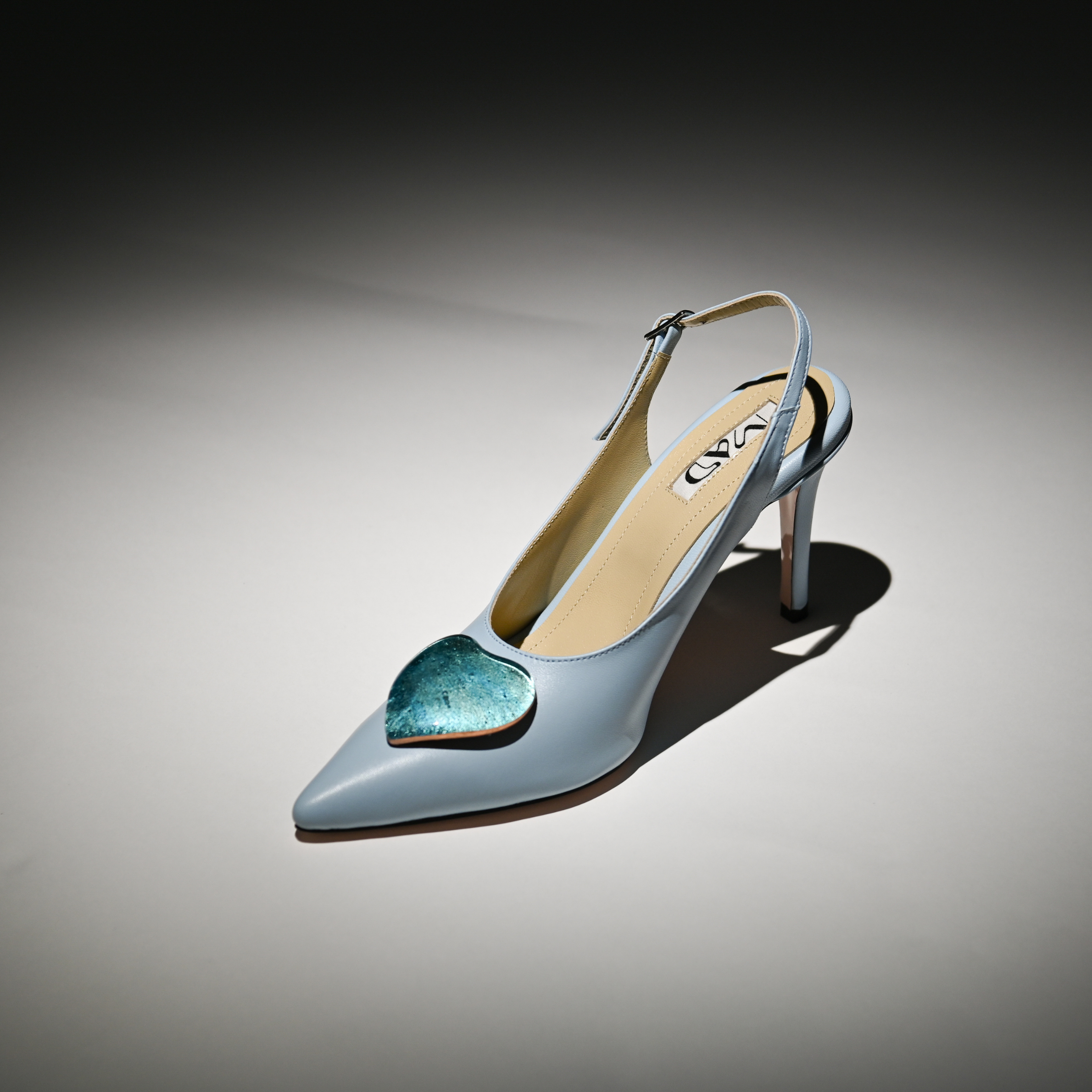 leather slingback stilettos baby blue gold blue glass hearts profile artistic