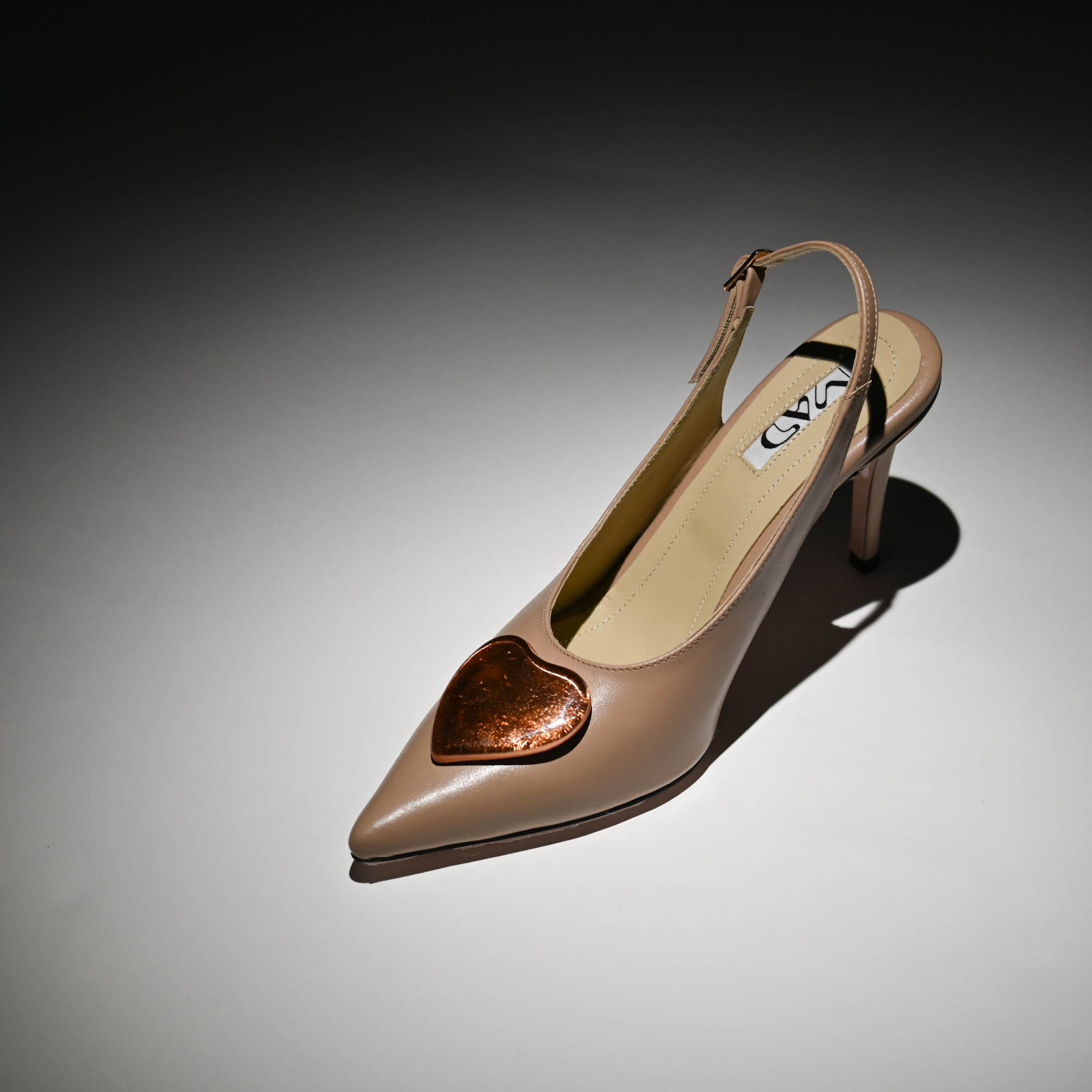 leather slingback stilettos beige with gold glass hearts cognac profile artistic