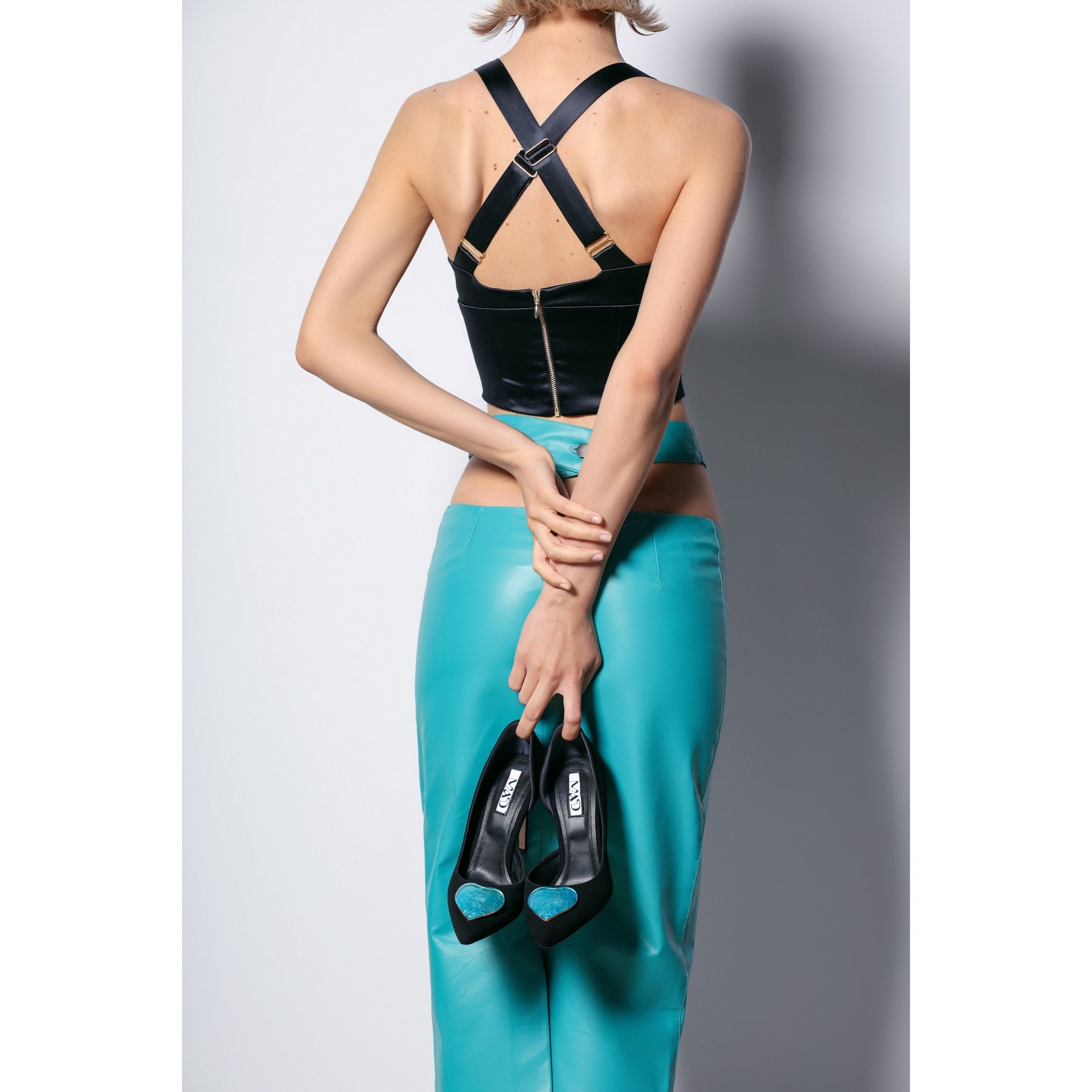 leather stilettos with blue glass hearts 24 karat gold and turquoise leather skirt