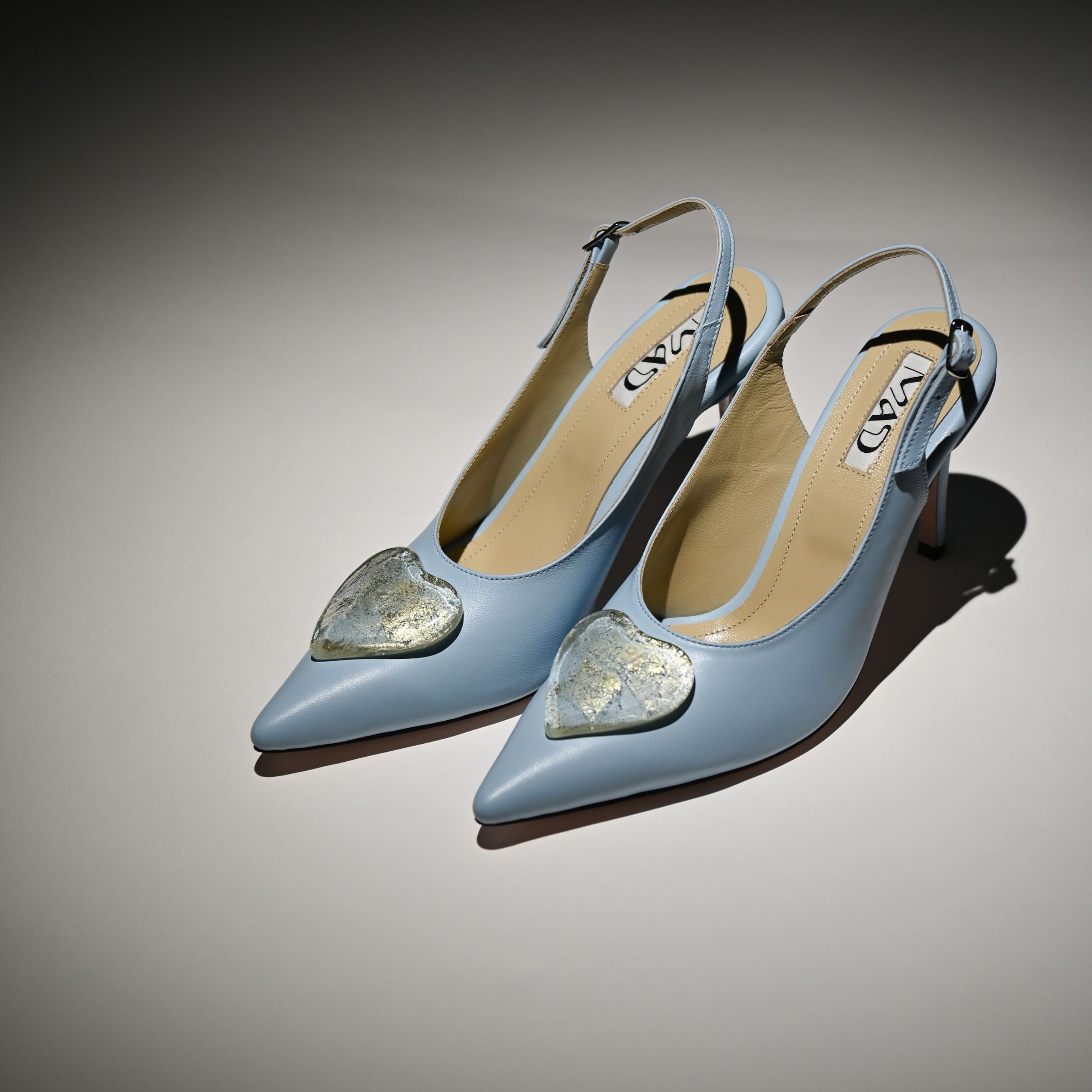 pair of artistic leather slingback baby blue 7cm white gold glass heart