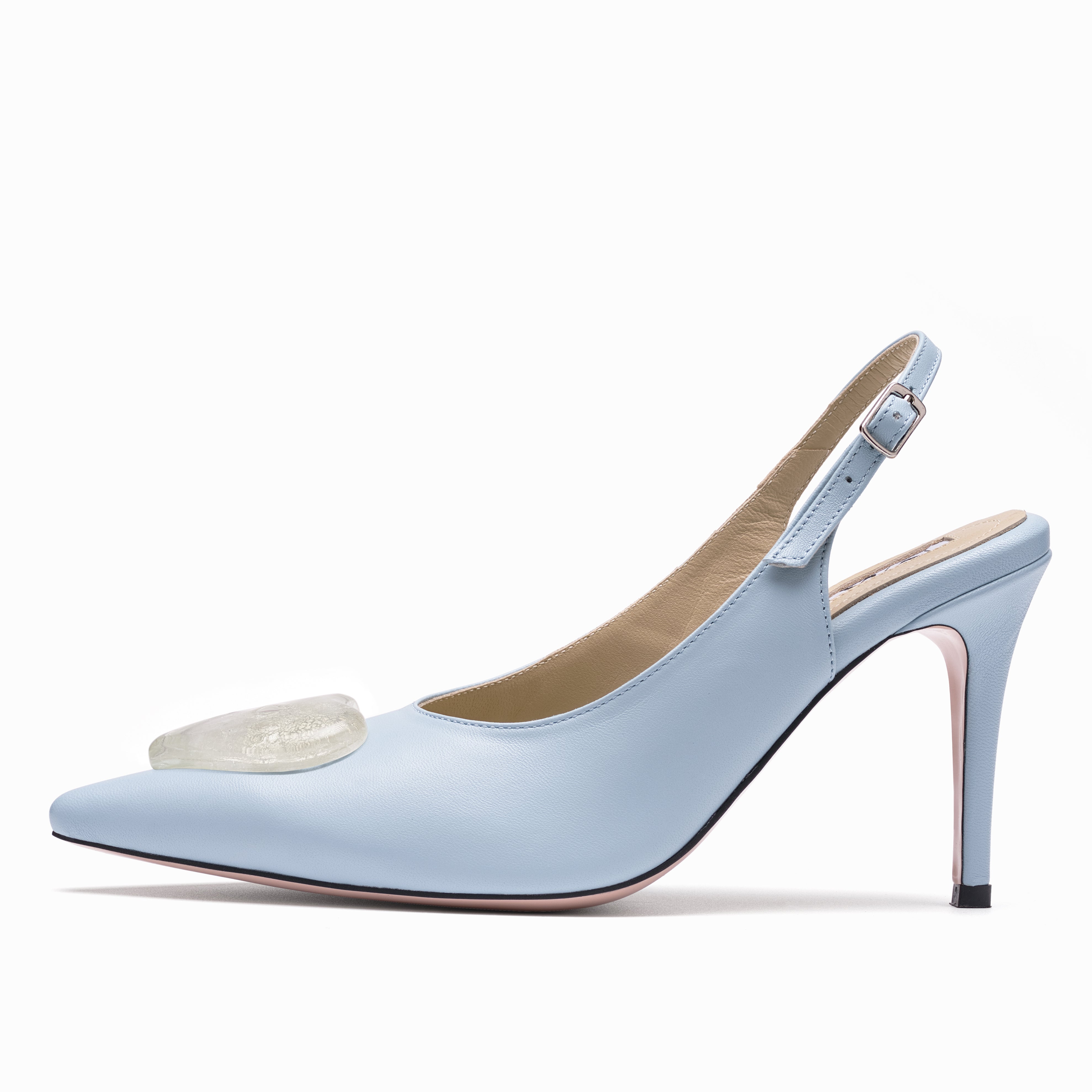 leather slingback baby blue 7cm white gold glass heart profile