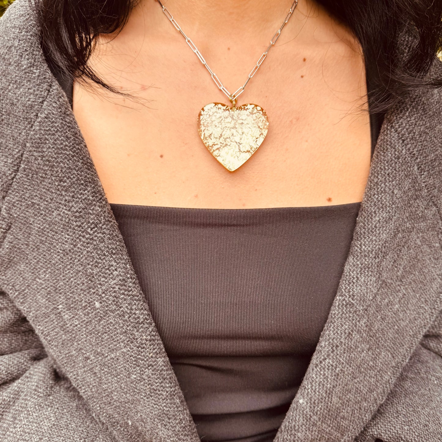 MAD Ice The Necklace: Chunky Crystal Glass Heart & 24k White Gold Leaf