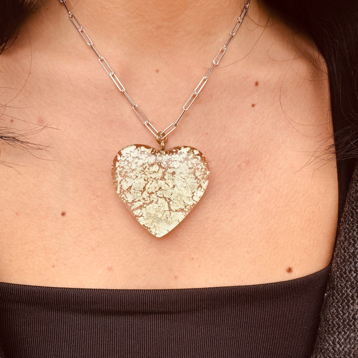 MAD Ice The Necklace: Chunky Crystal Glass Heart & 24k White Gold Leaf