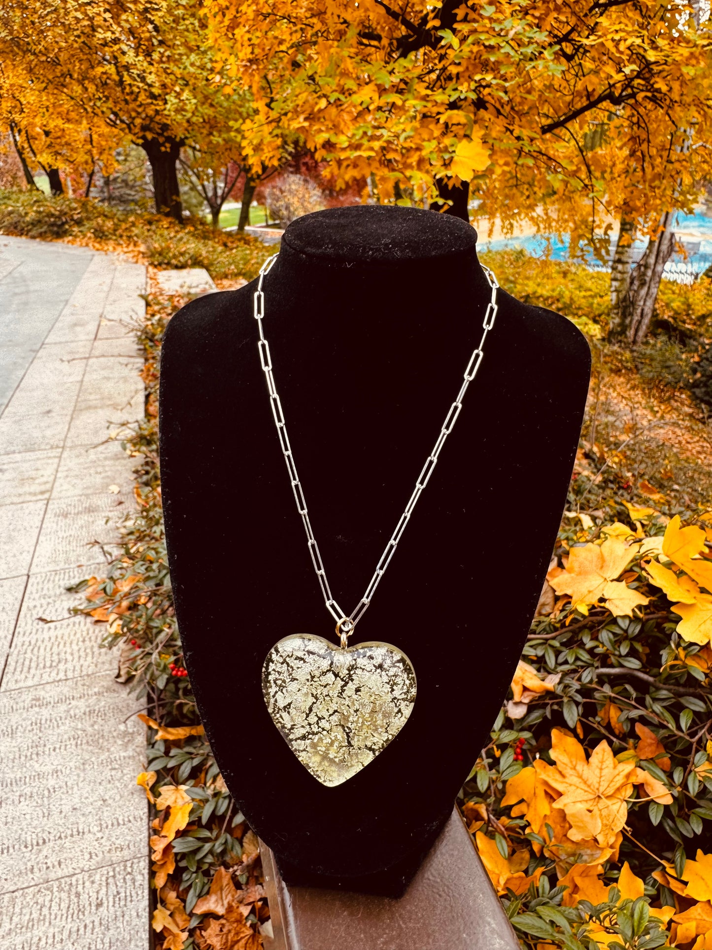 MAD Ice The Necklace: Chunky Crystal Glass Heart & 24k White Gold Leaf