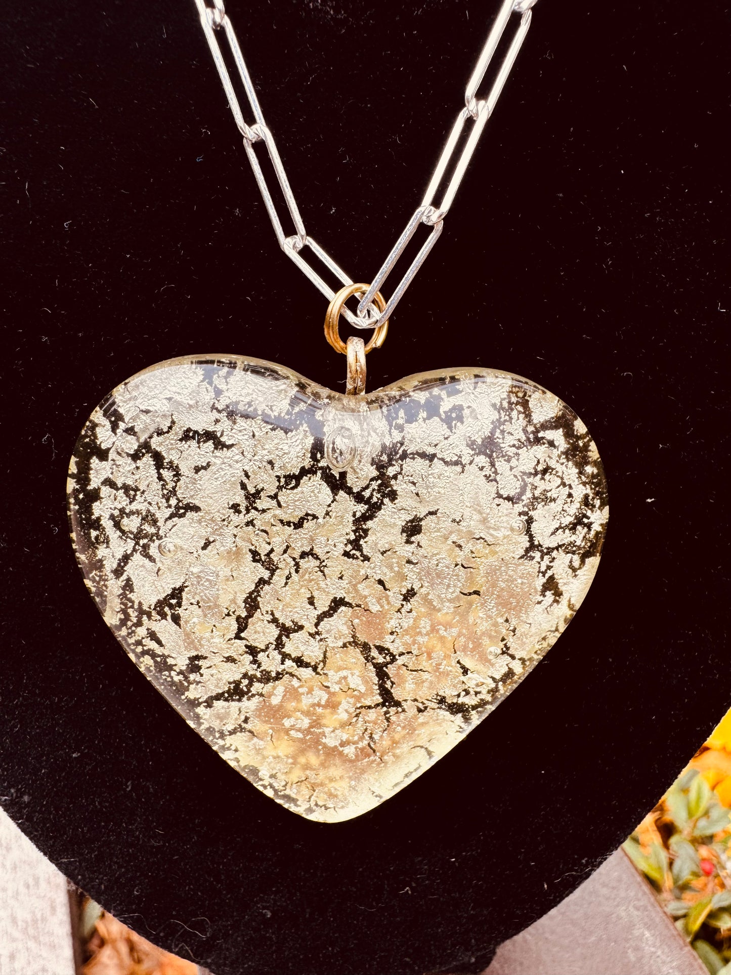 MAD Ice The Necklace: Chunky Crystal Glass Heart & 24k White Gold Leaf