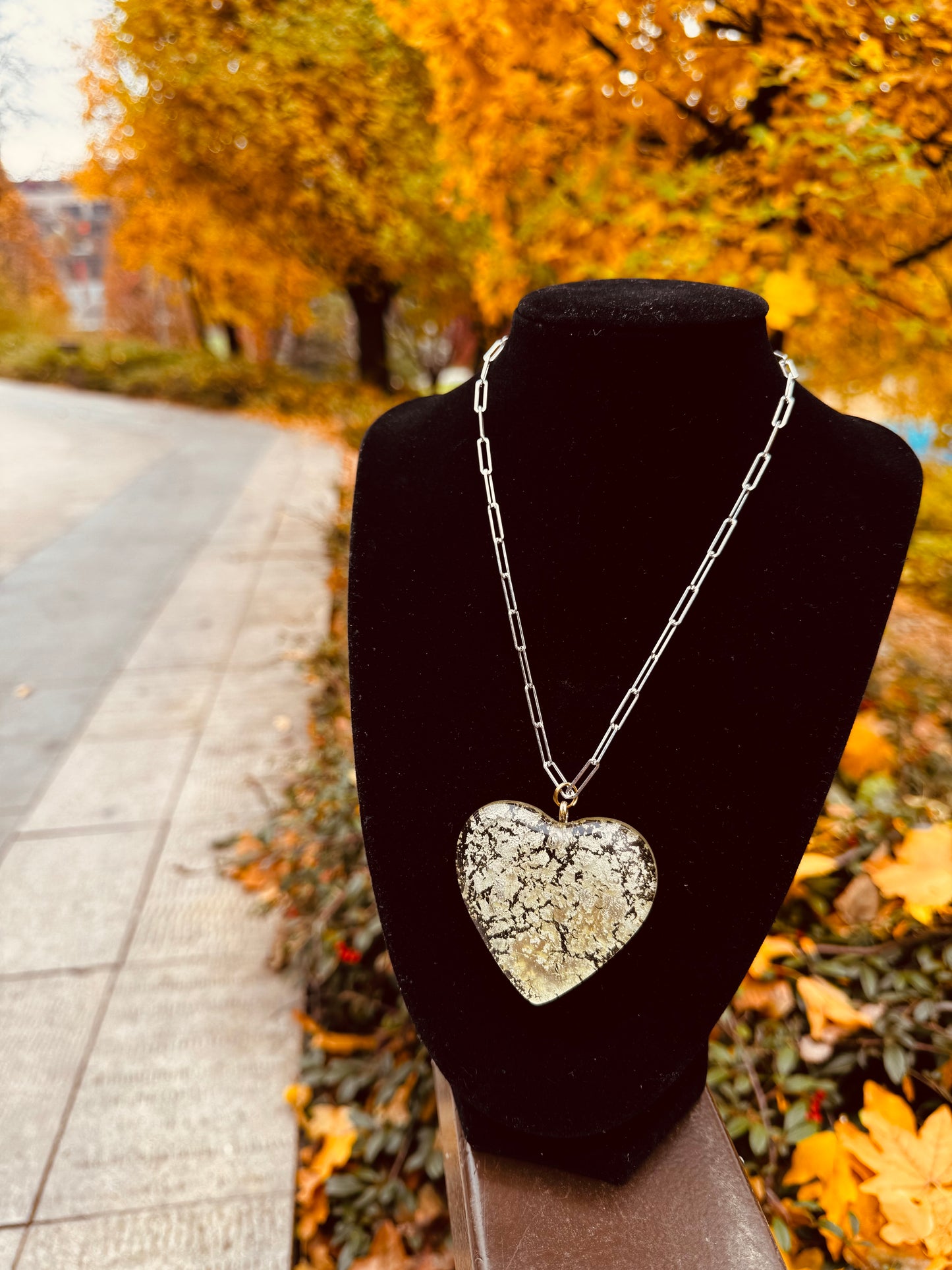 MAD Ice The Necklace: Chunky Crystal Glass Heart & 24k White Gold Leaf