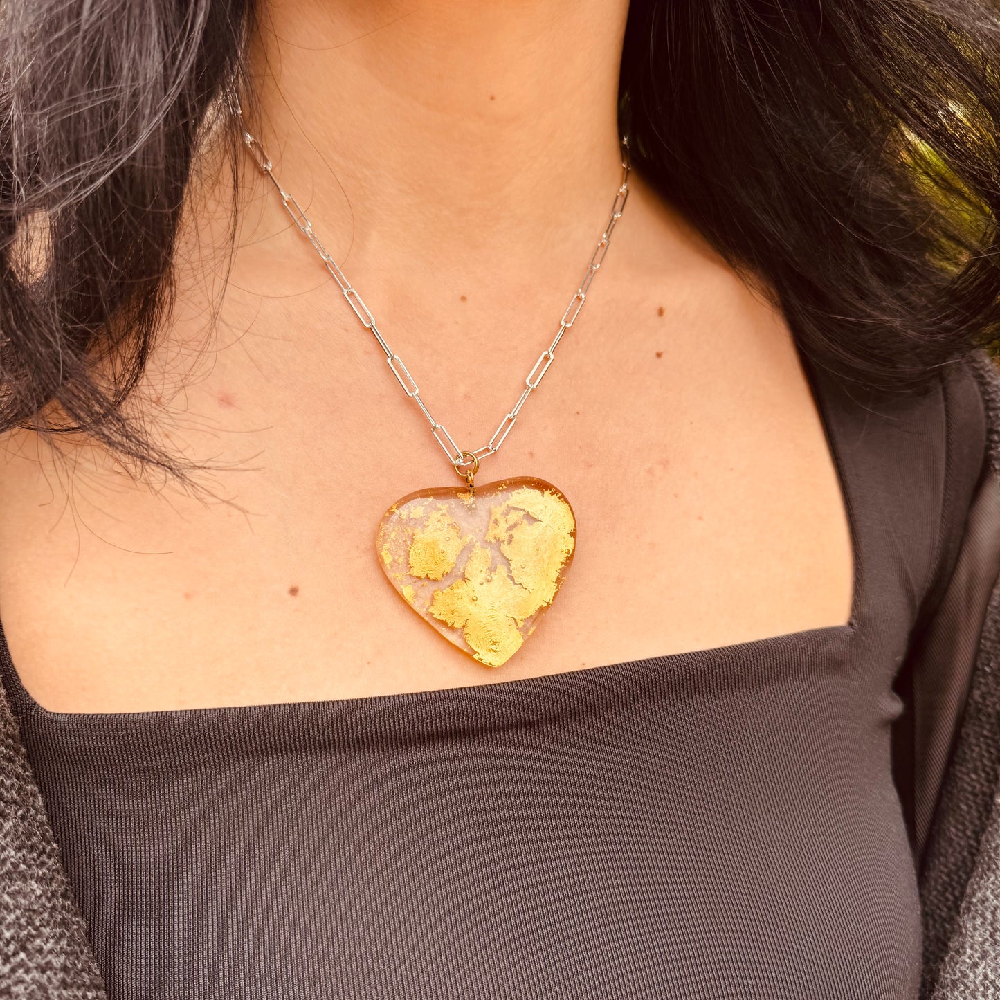 MAD Sun The Necklace: Chunky Crystal Glass Heart & 24k Yellow Gold Leaf