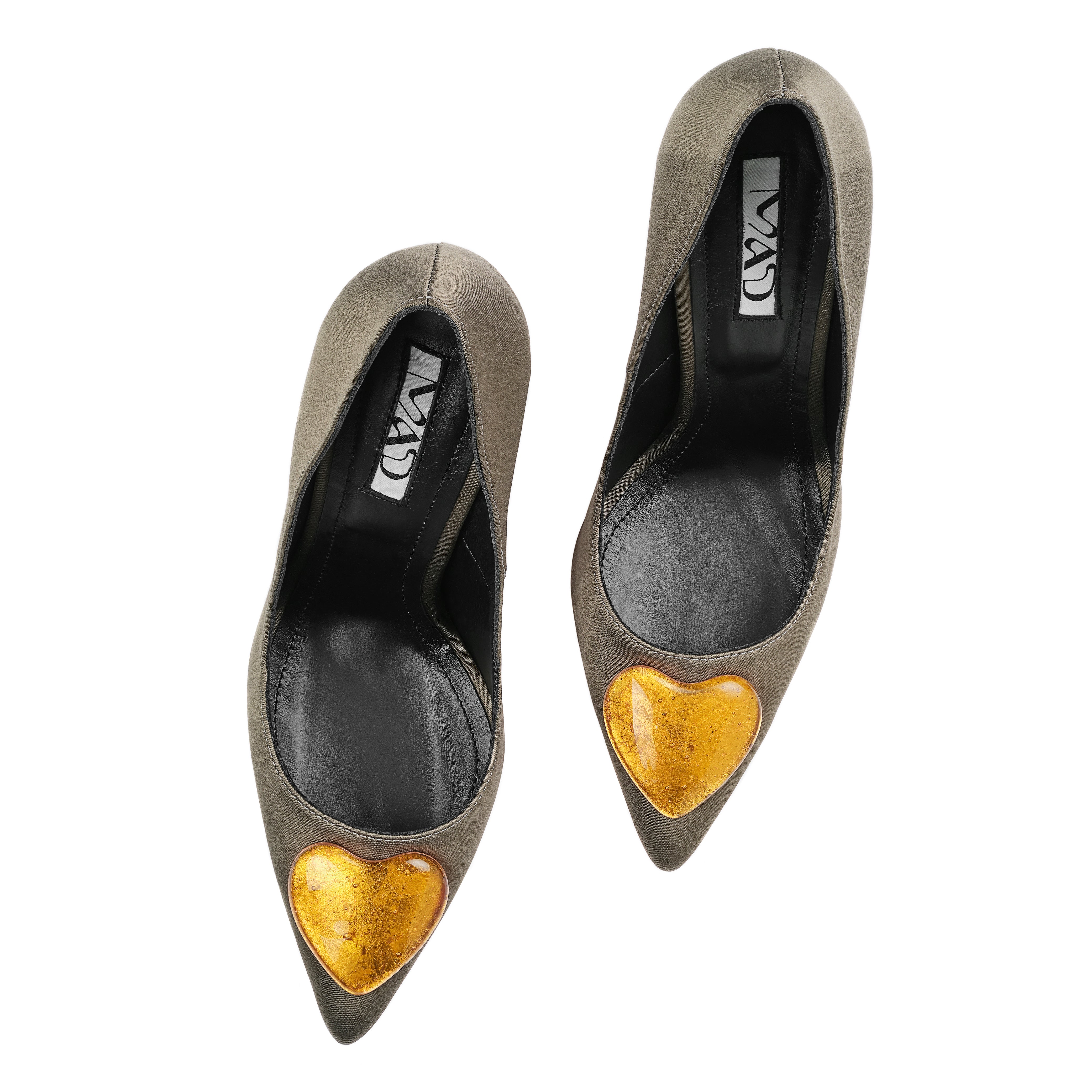 1 olive green satin stilettos 10 cm, with 24 karat gold glass hearts front
