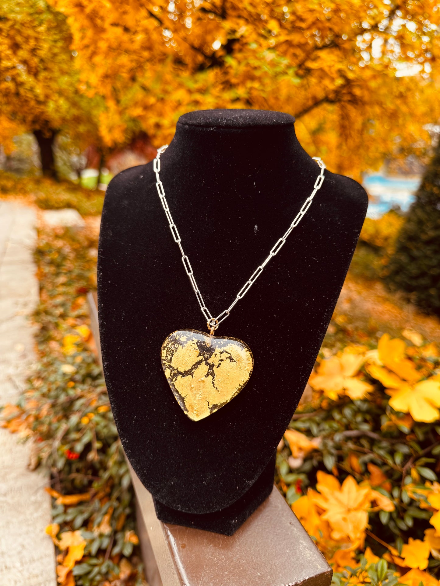 MAD Sun The Necklace: Chunky Crystal Glass Heart & 24k Yellow Gold Leaf