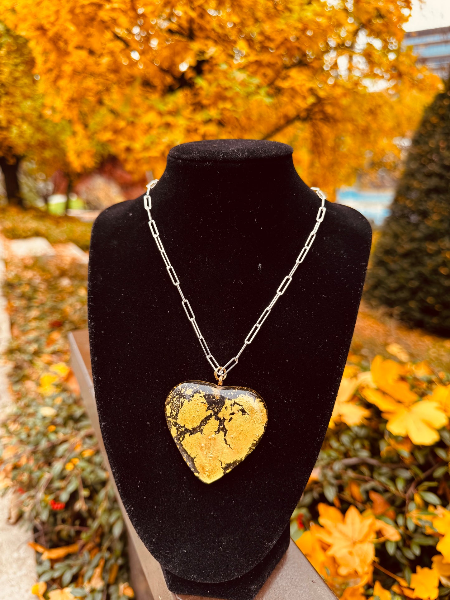 MAD Sun The Necklace: Chunky Crystal Glass Heart & 24k Yellow Gold Leaf