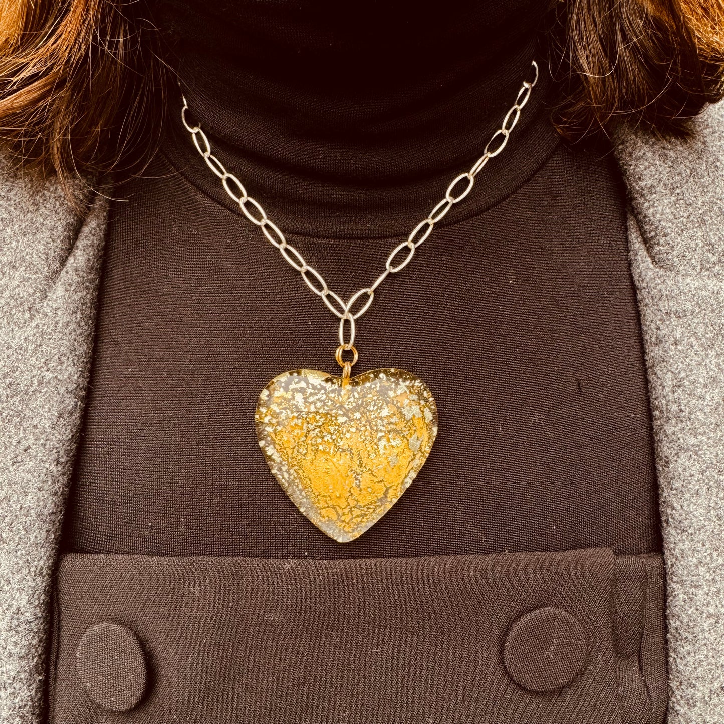 MAD Cloud The Necklace: Chunky Crystal Glass Heart & 24k Yellow & White Gold Leaf