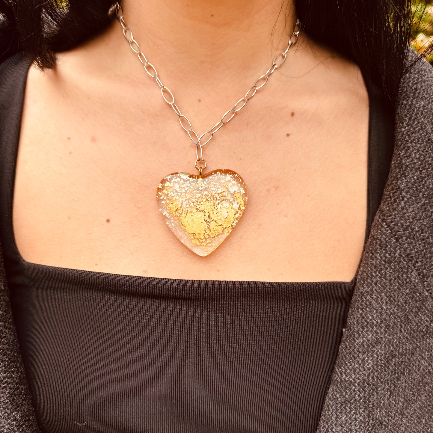 MAD Cloud The Necklace: Chunky Crystal Glass Heart & 24k Yellow & White Gold Leaf