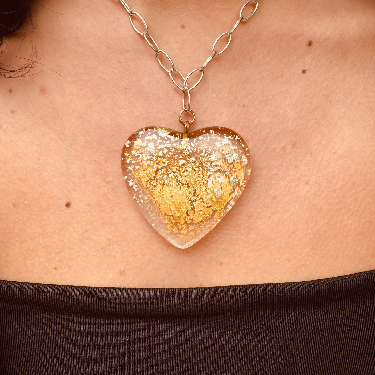 MAD Cloud The Necklace: Chunky Crystal Glass Heart & 24k Yellow & White Gold Leaf