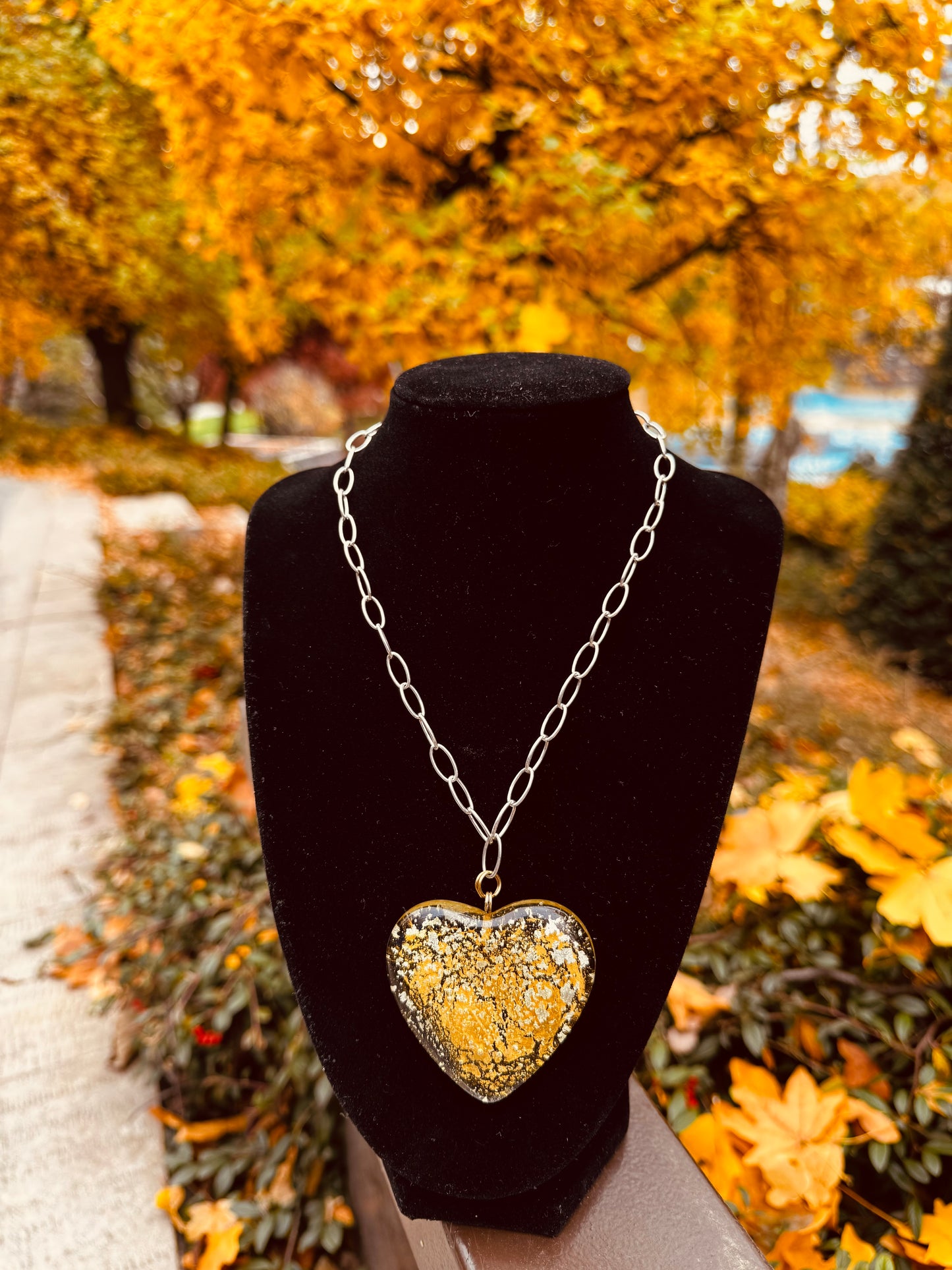 MAD Cloud The Necklace: Chunky Crystal Glass Heart & 24k Yellow & White Gold Leaf