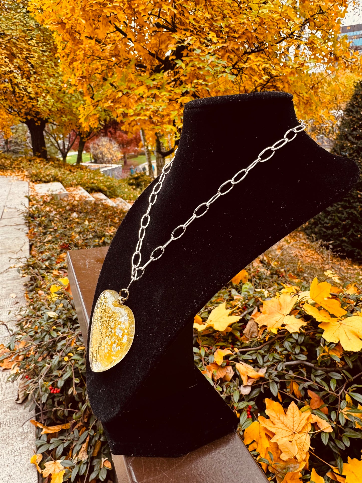 MAD Cloud The Necklace: Chunky Crystal Glass Heart & 24k Yellow & White Gold Leaf