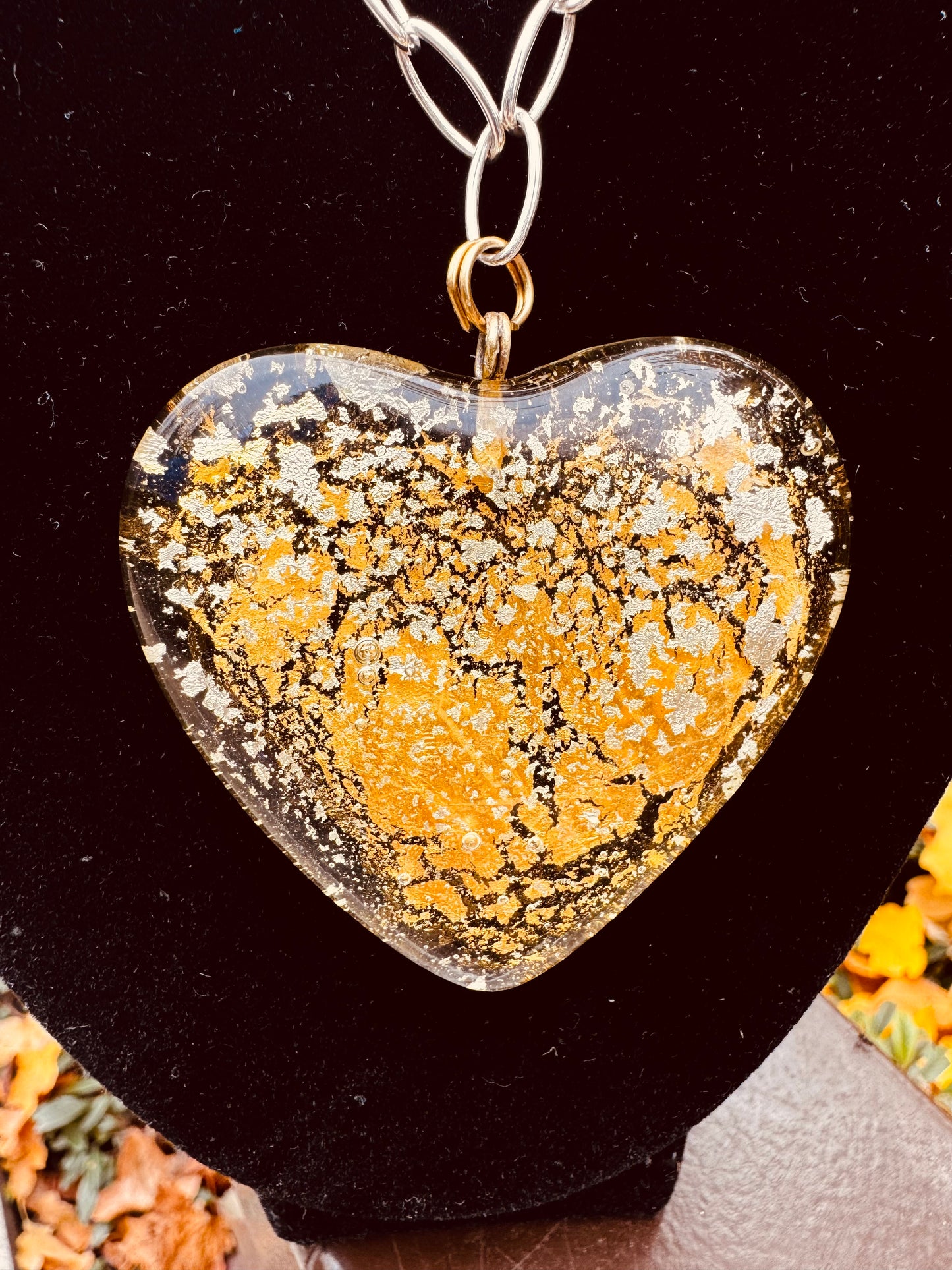 MAD Cloud The Necklace: Chunky Crystal Glass Heart & 24k Yellow & White Gold Leaf