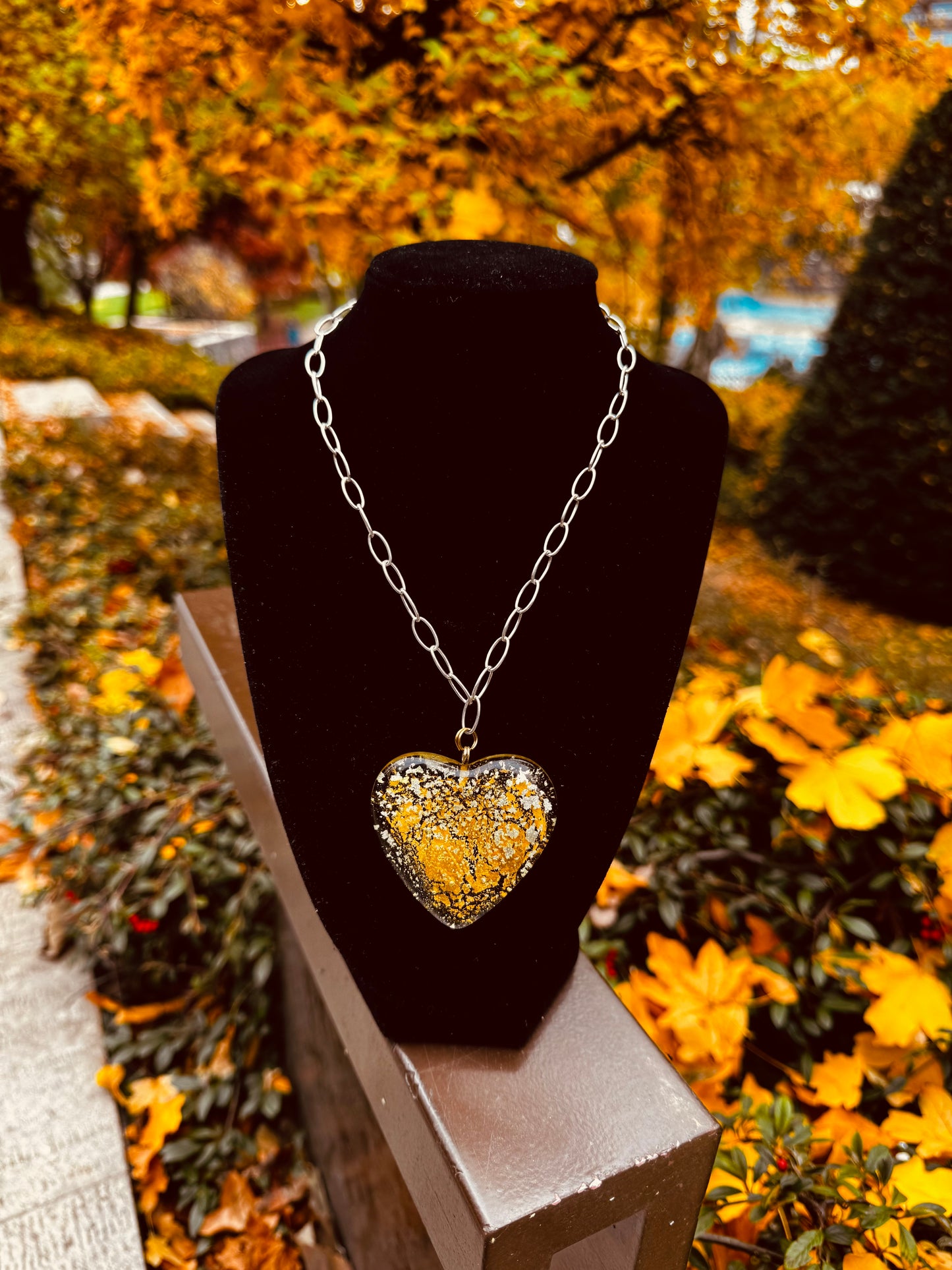 MAD Cloud The Necklace: Chunky Crystal Glass Heart & 24k Yellow & White Gold Leaf