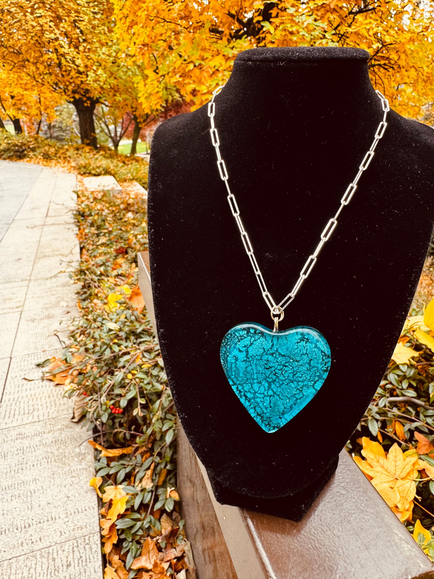 MAD Ocean The Necklace: Chunky Crystal Glass Heart & 24k White Gold Leaf